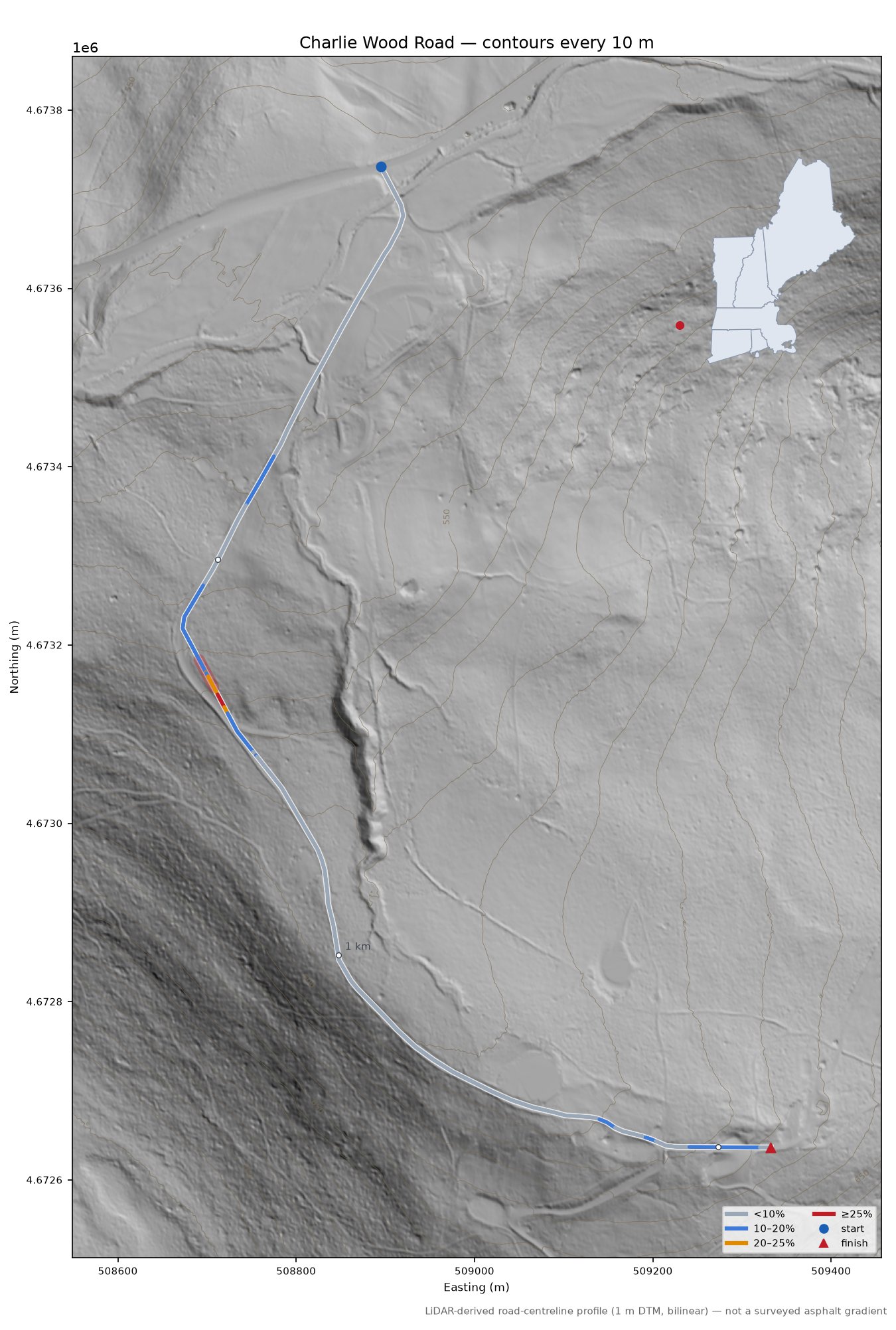 Charlie Wood Road LiDAR hillshade map with contours