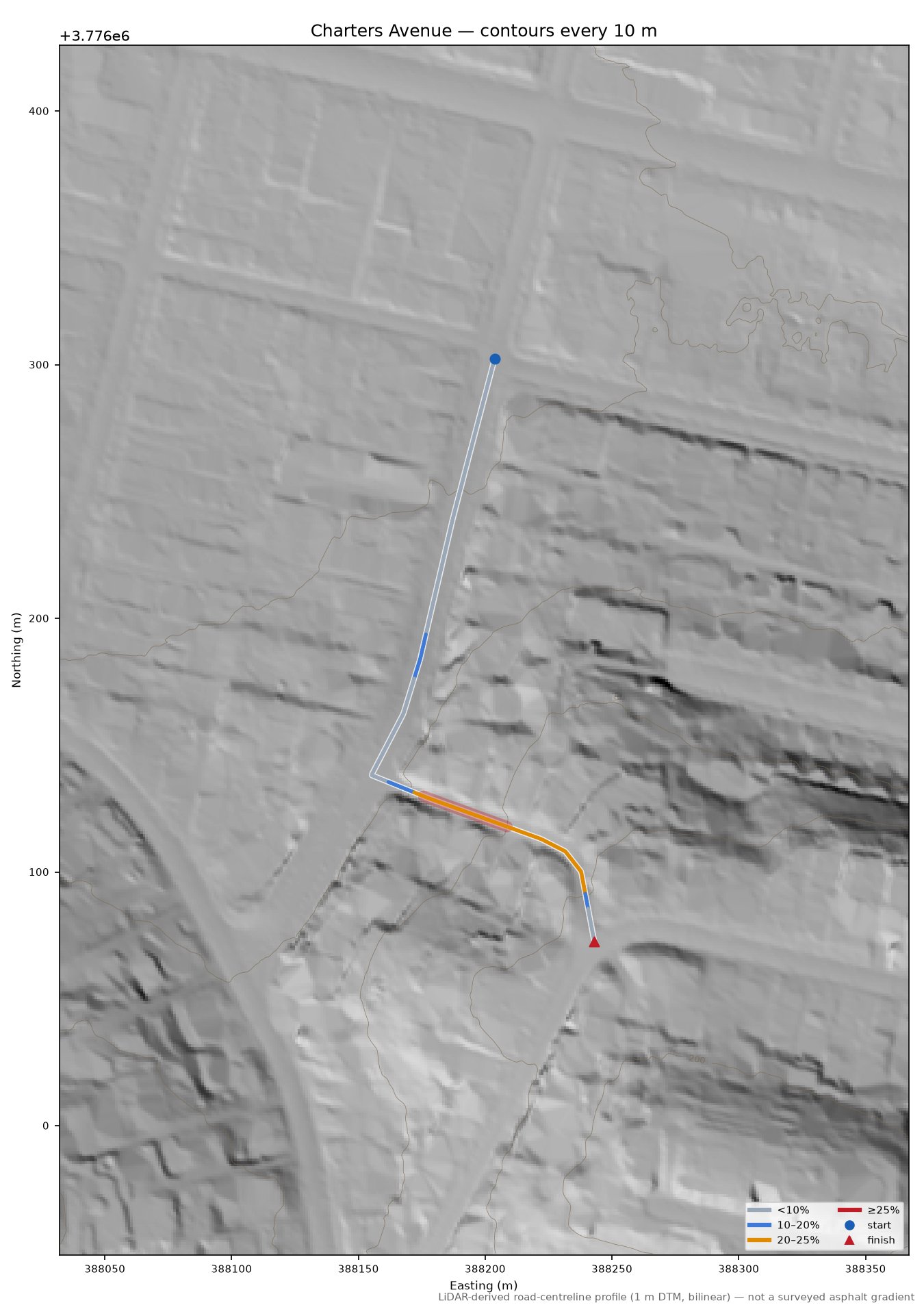Charters Avenue LiDAR hillshade map with contours