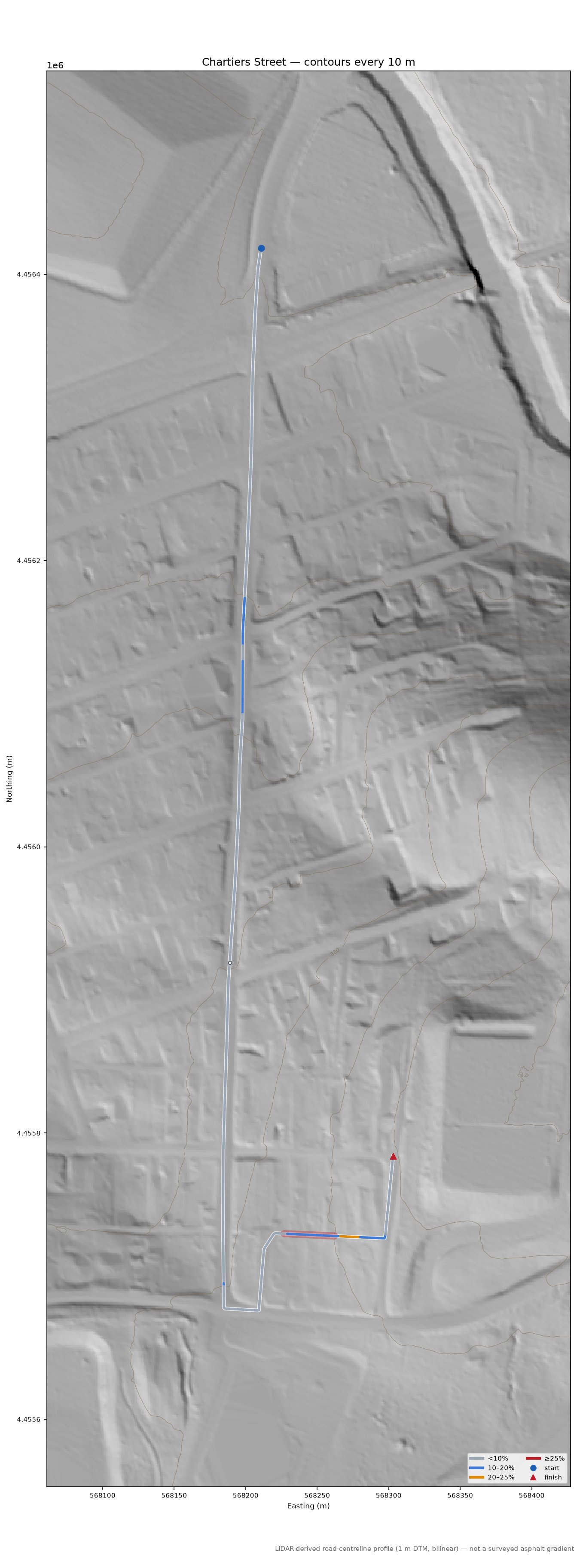 Chartiers Street LiDAR hillshade map with contours