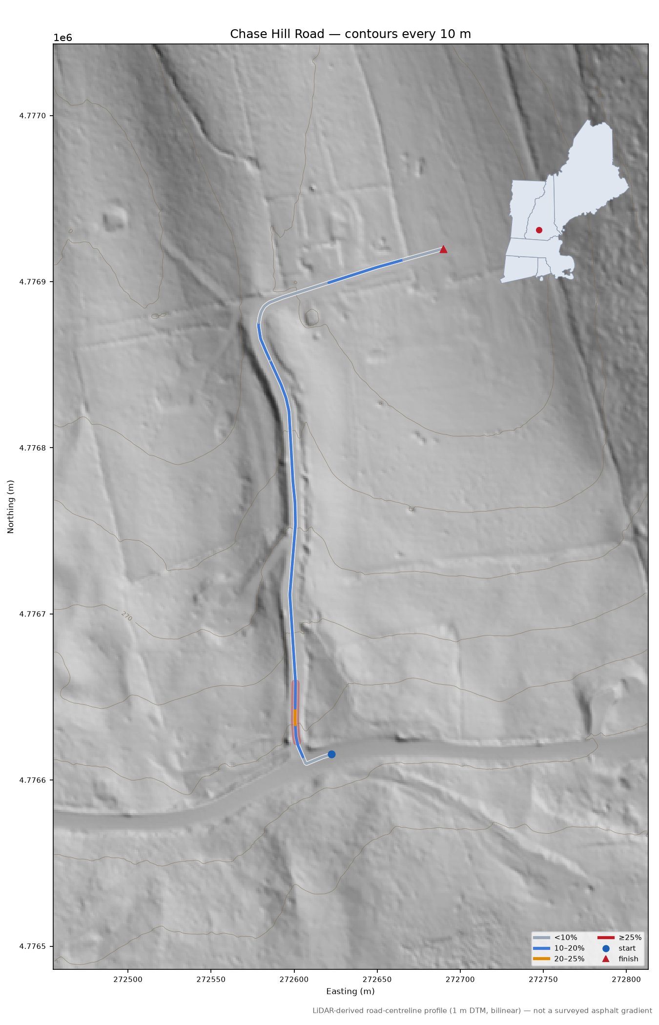 Chase Hill Road LiDAR hillshade map with contours