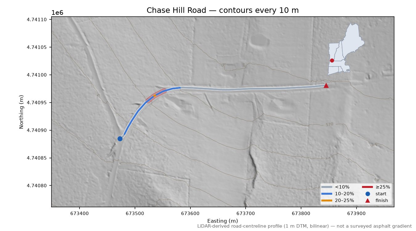 Chase Hill Road LiDAR hillshade map with contours