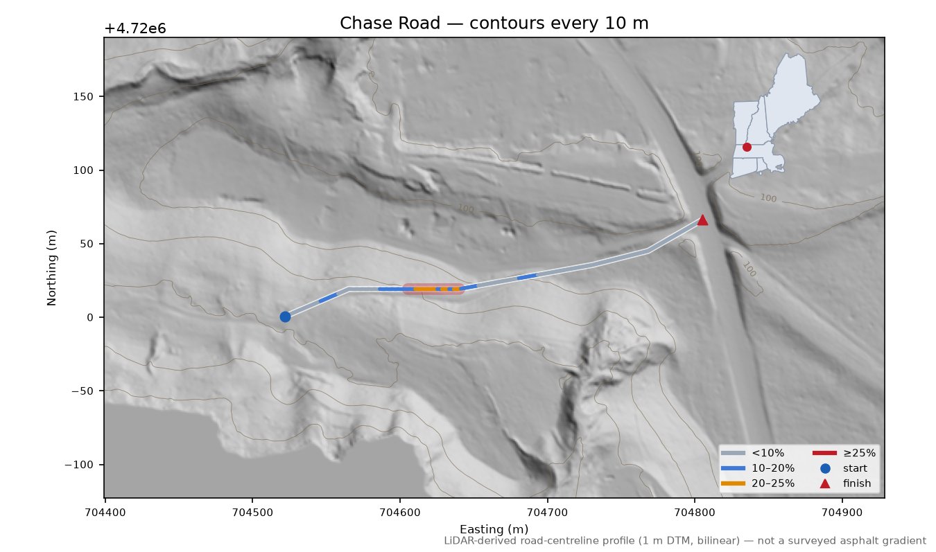 Chase Road LiDAR hillshade map with contours