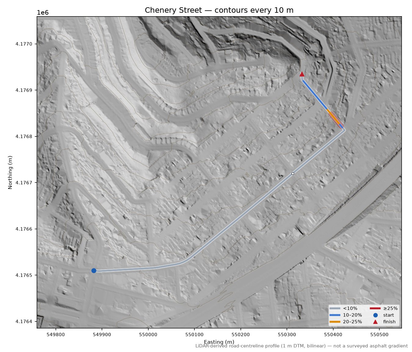 Chenery Street LiDAR hillshade map with contours