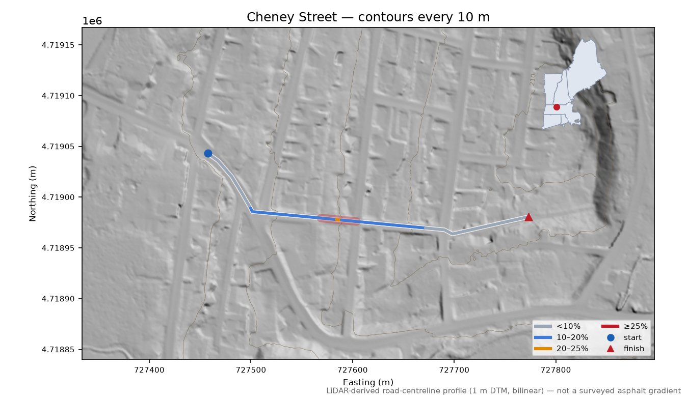 Cheney Street LiDAR hillshade map with contours