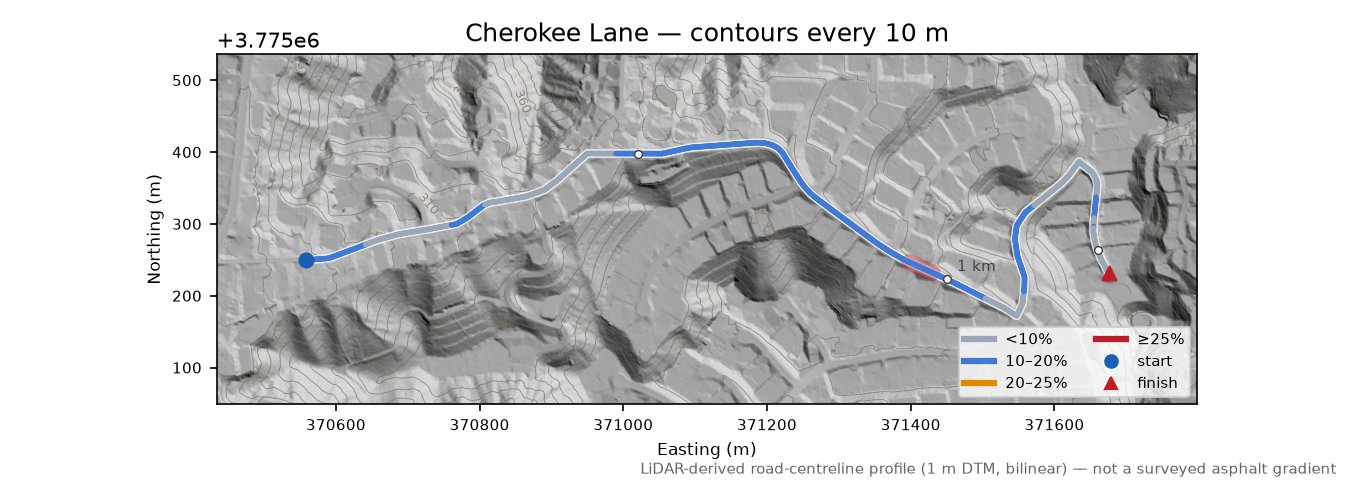 Loma Vista Drive LiDAR hillshade map with contours