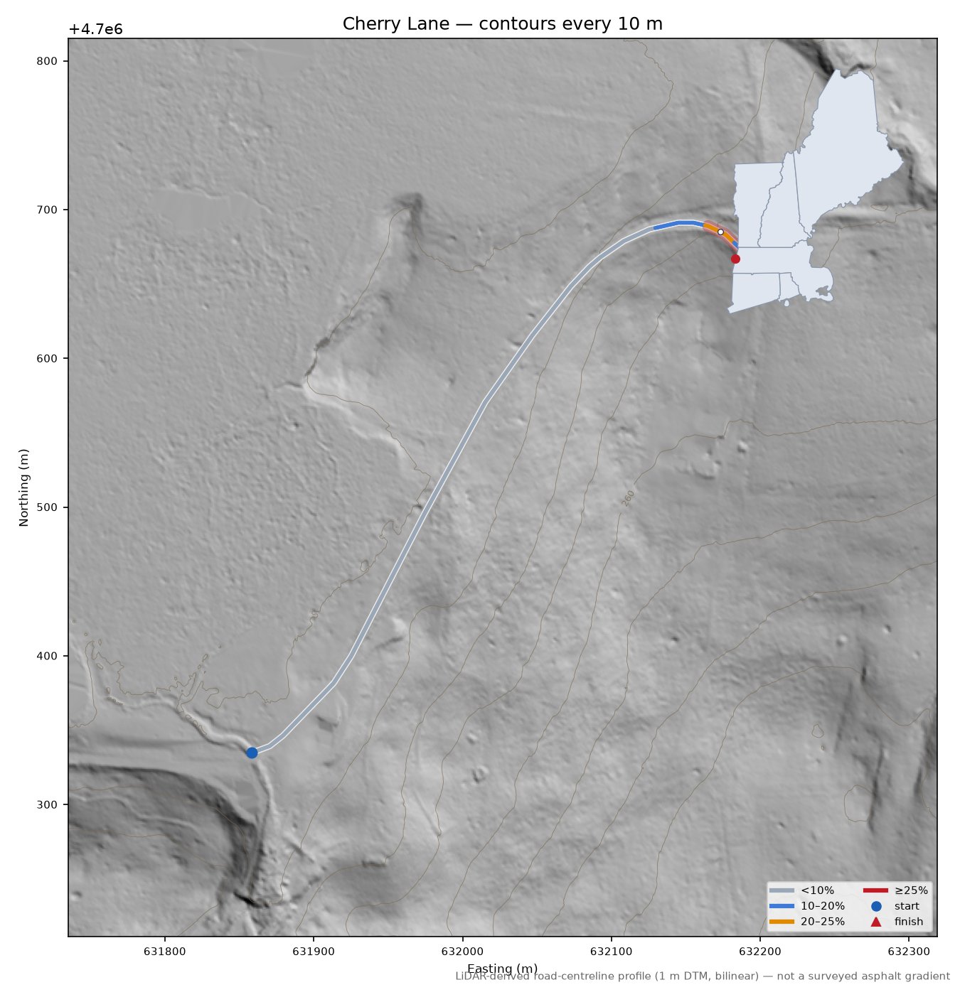 Cherry Lane LiDAR hillshade map with contours