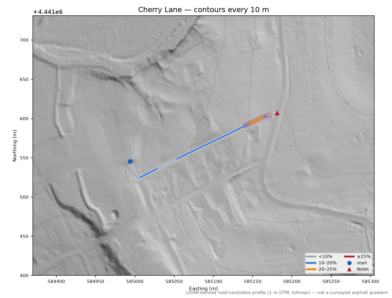 Cherry Lane LiDAR hillshade map with contours