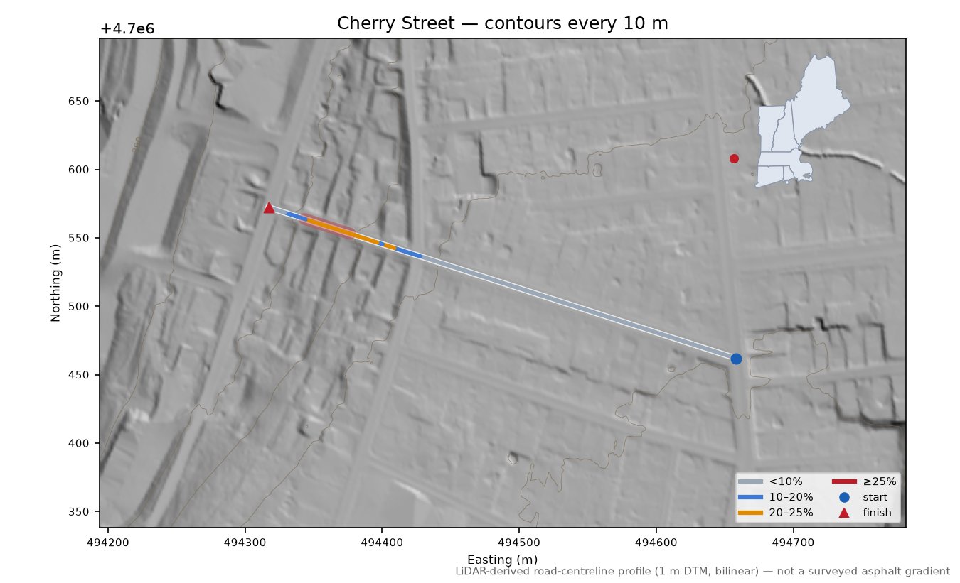 Cherry Street LiDAR hillshade map with contours