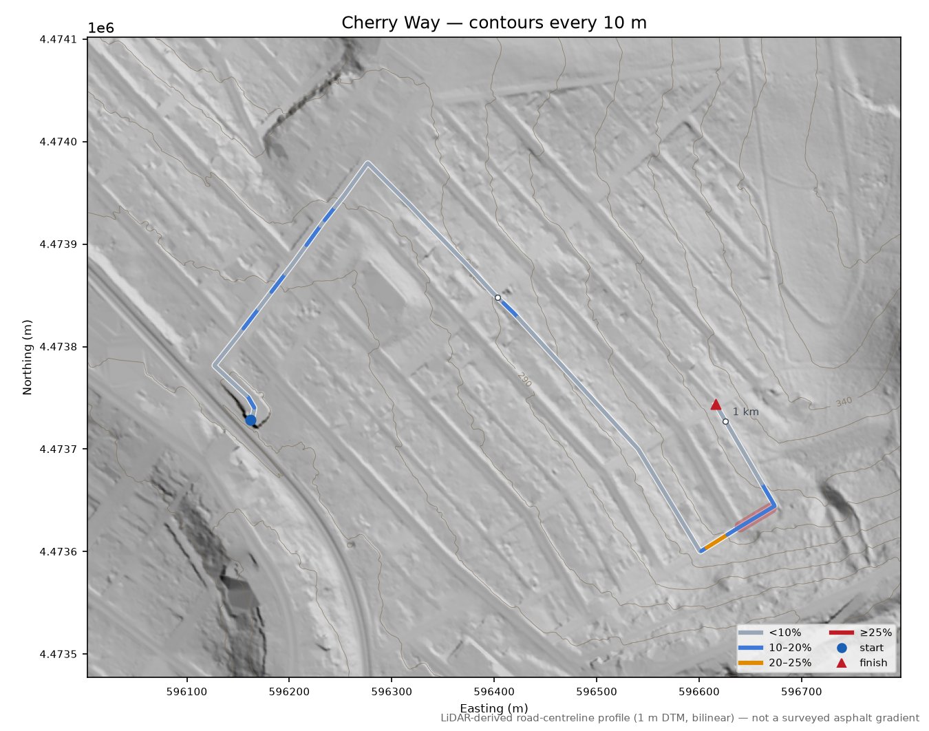 Cherry Way LiDAR hillshade map with contours