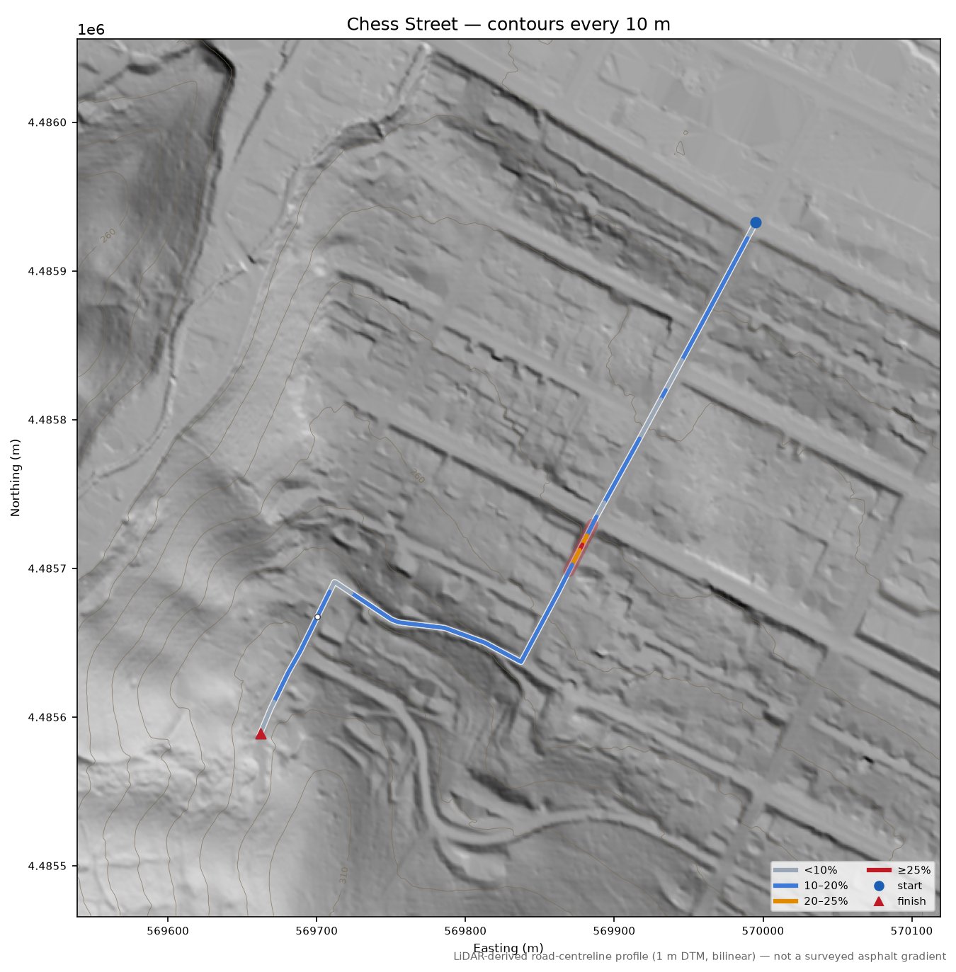 Chess Street LiDAR hillshade map with contours