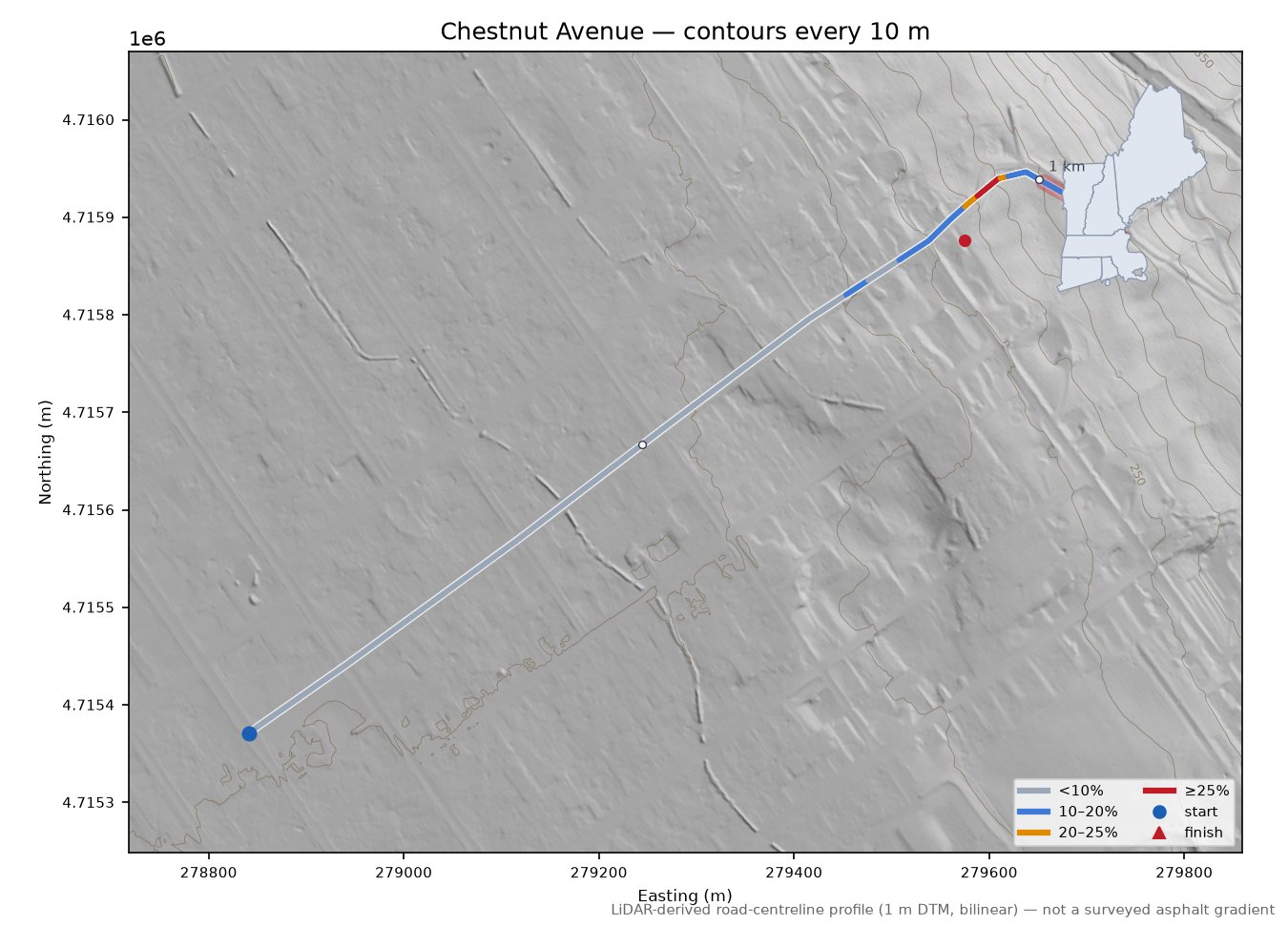 Chestnut Avenue LiDAR hillshade map with contours