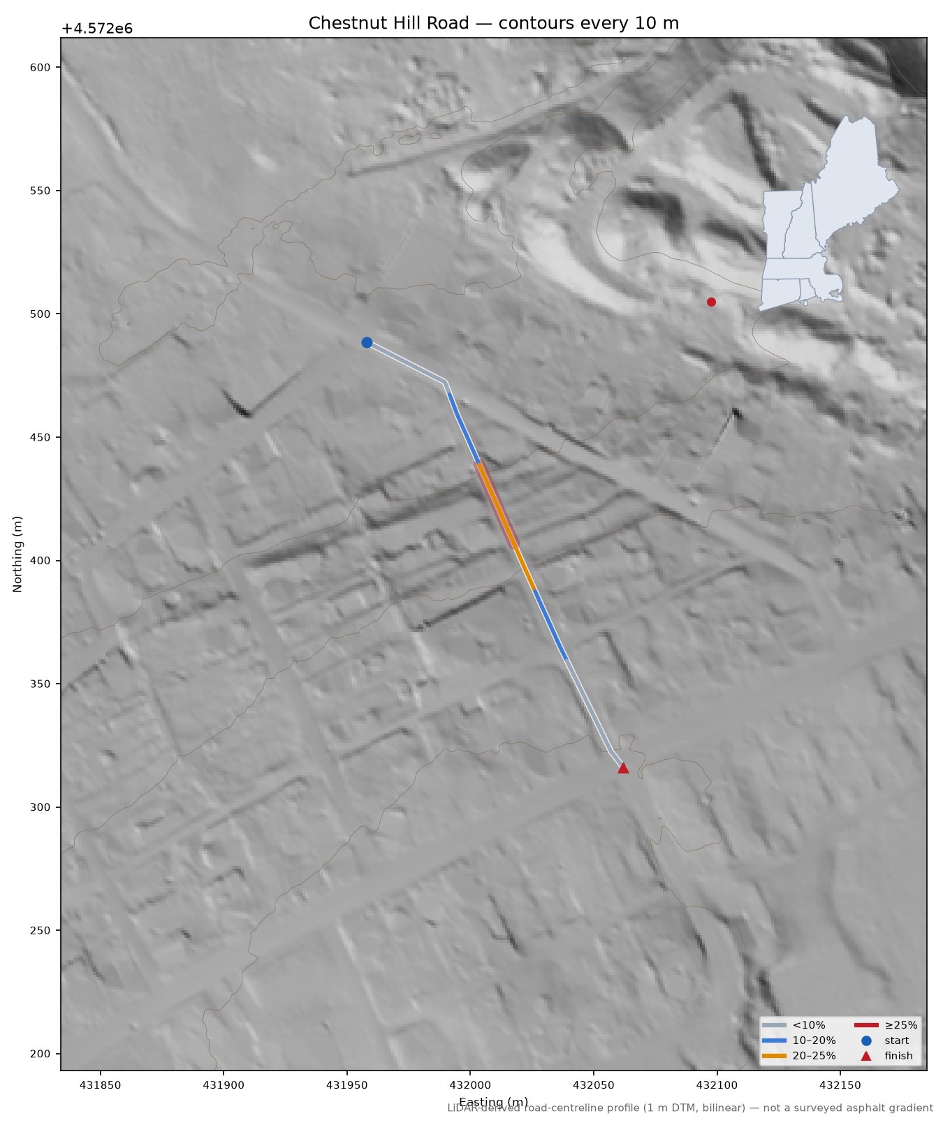 Chestnut Hill Road LiDAR hillshade map with contours