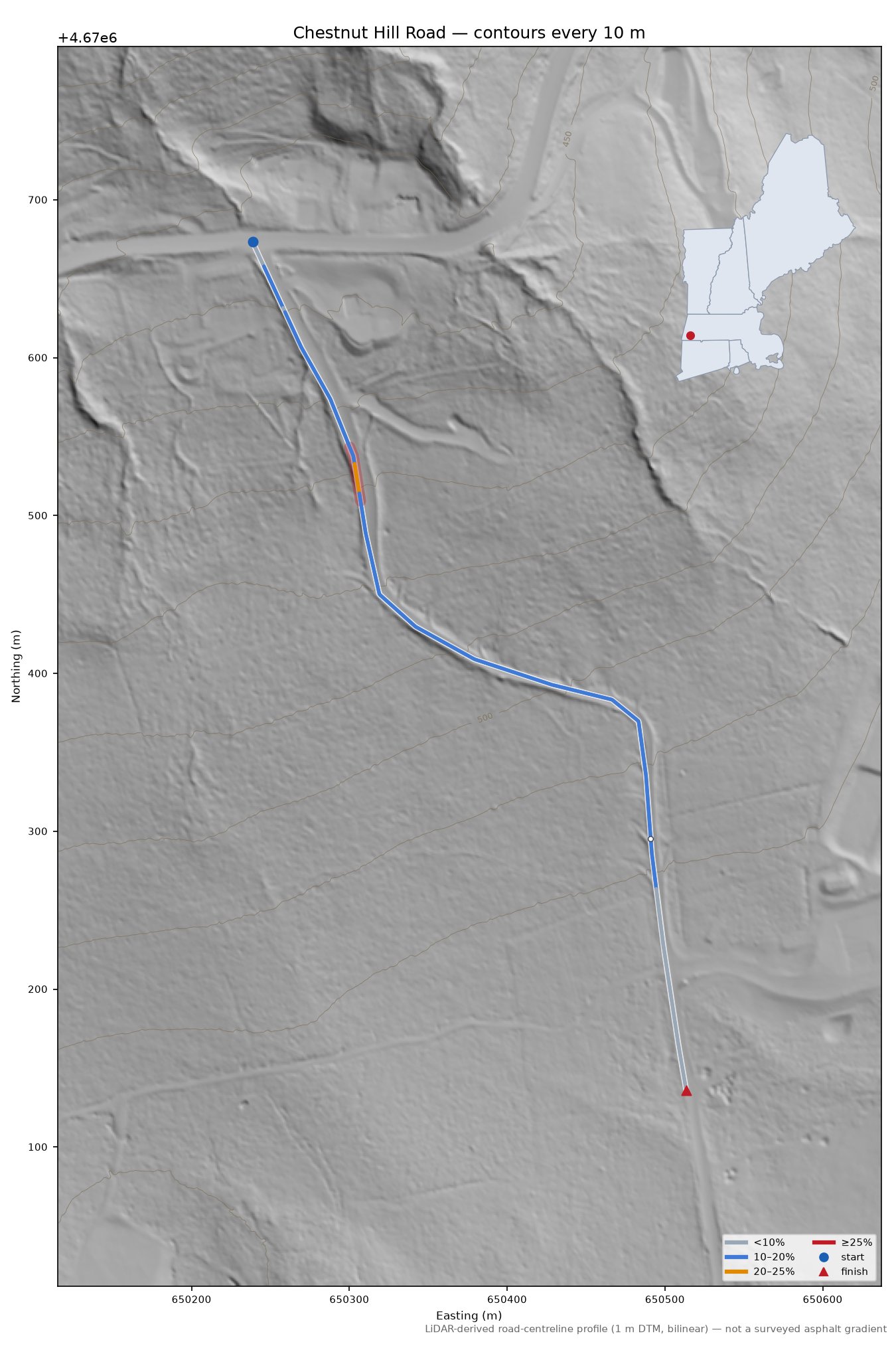 Chestnut Hill Road LiDAR hillshade map with contours