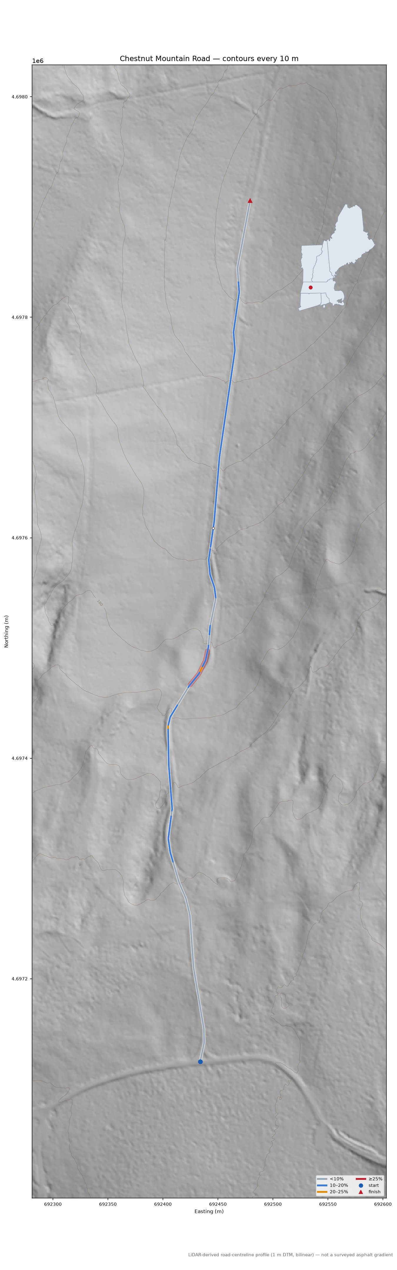 Chestnut Mountain Road LiDAR hillshade map with contours