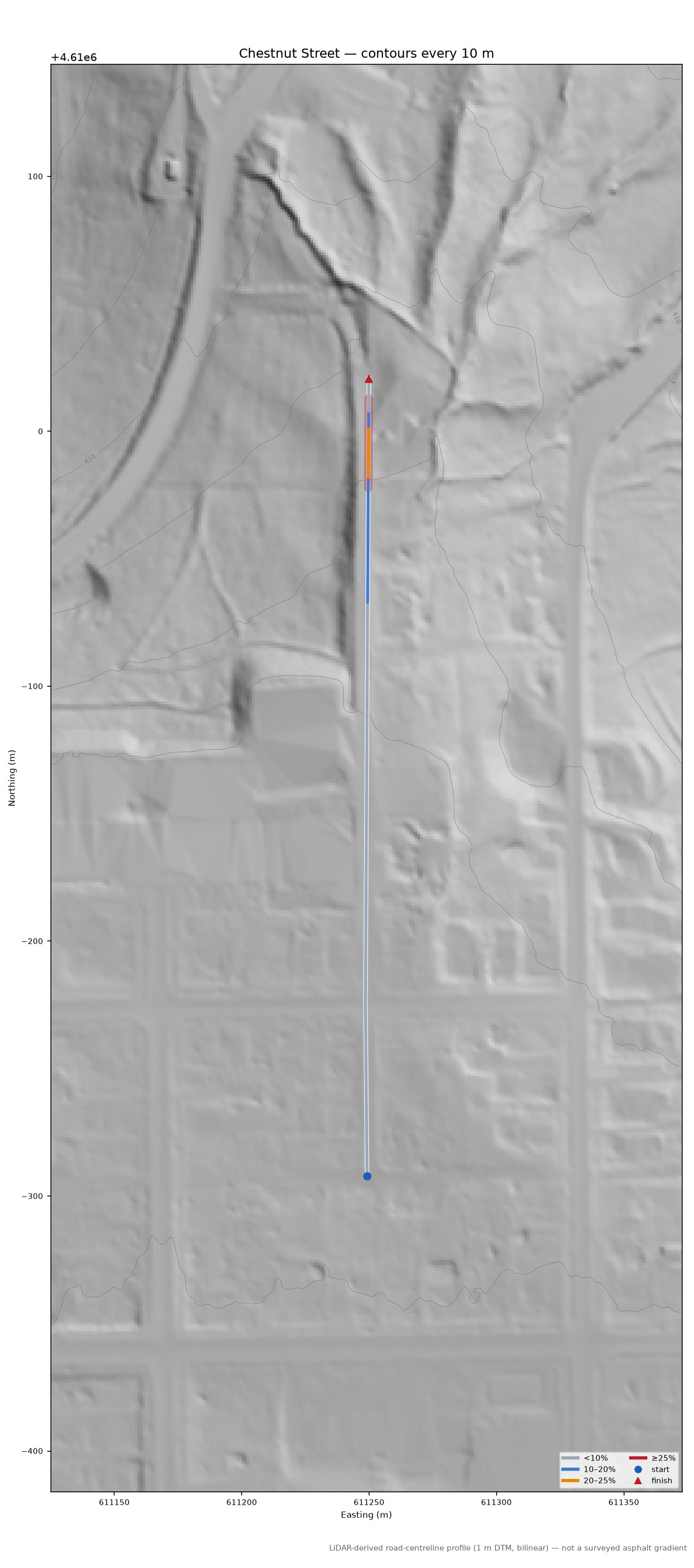 Chestnut Street LiDAR hillshade map with contours