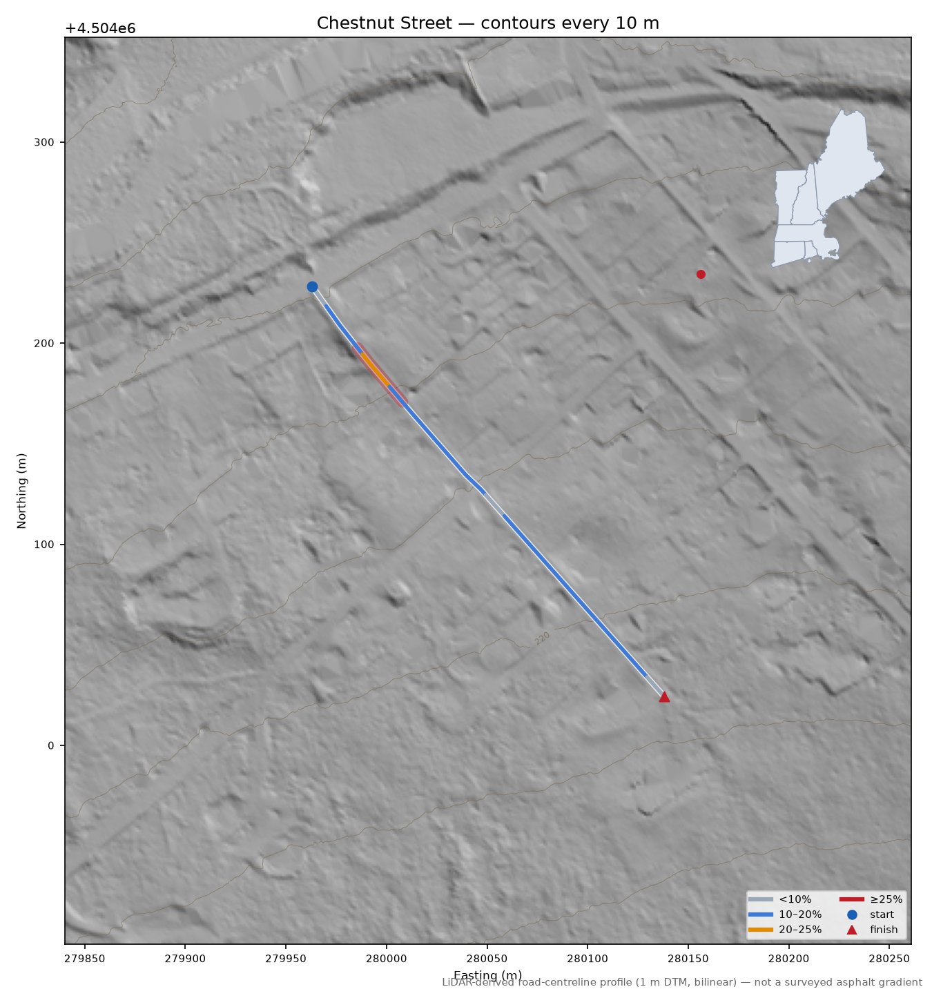 Chestnut Street LiDAR hillshade map with contours