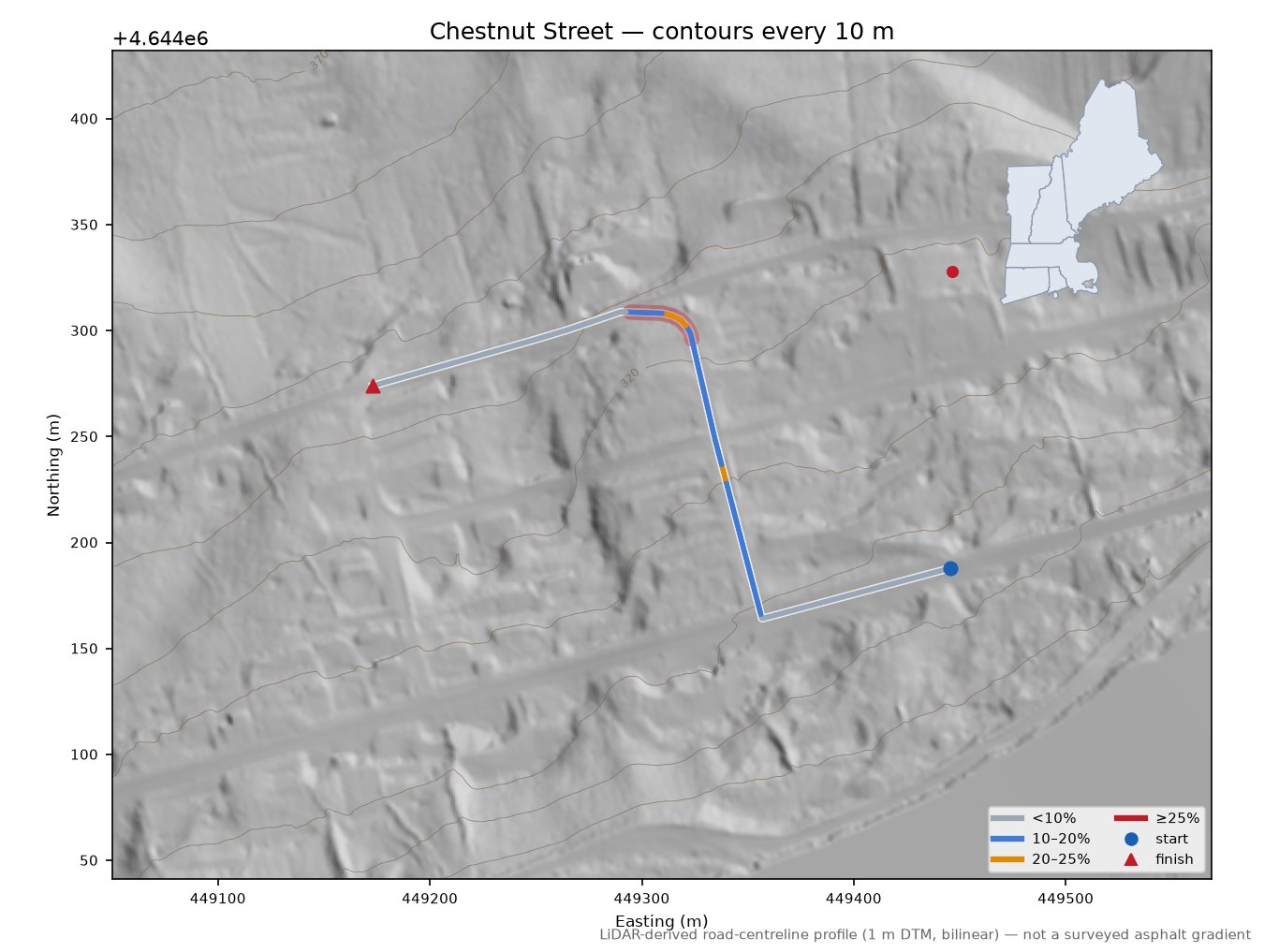 Chestnut Street LiDAR hillshade map with contours