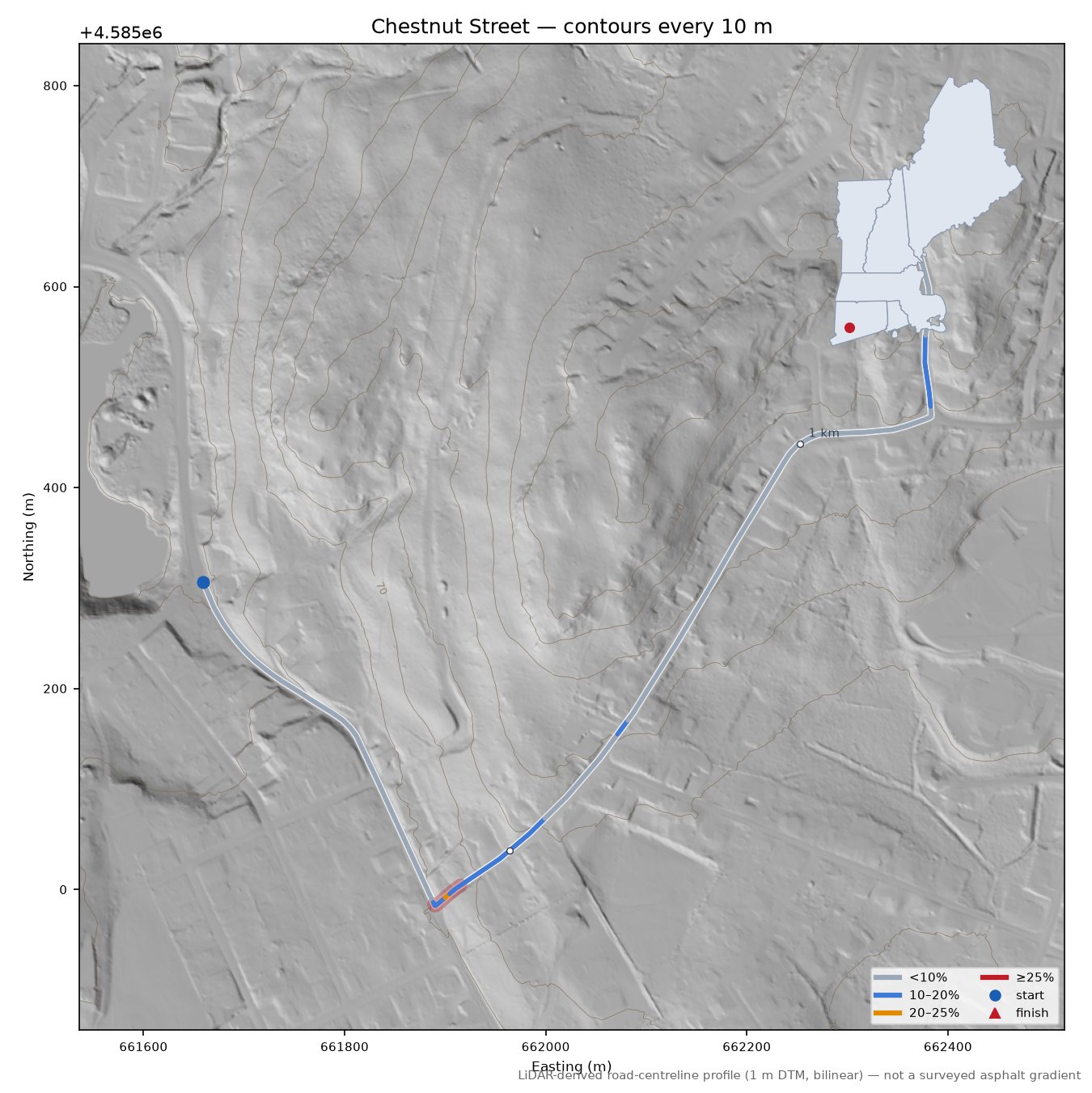 Chestnut Street LiDAR hillshade map with contours