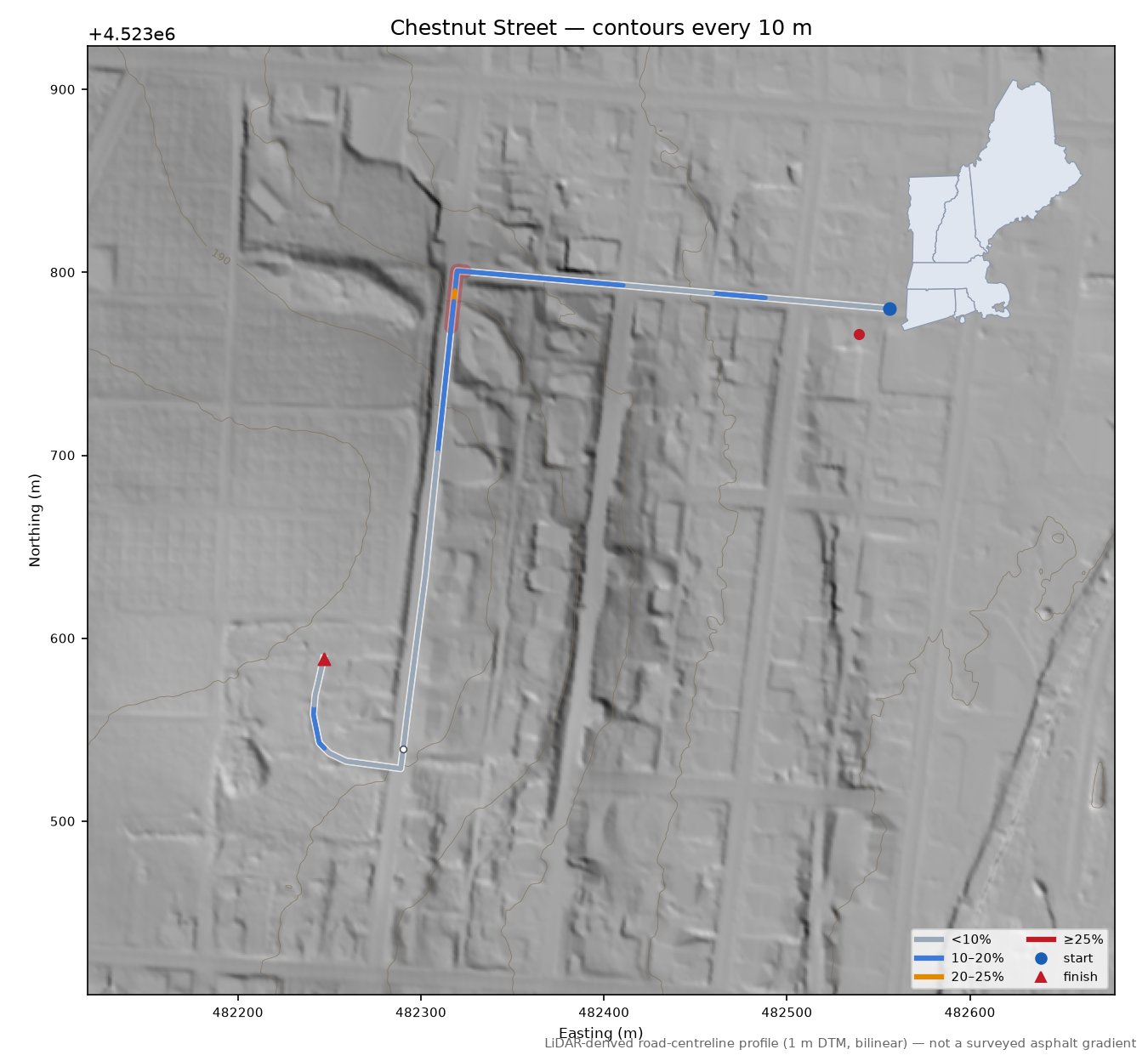 Chestnut Street LiDAR hillshade map with contours