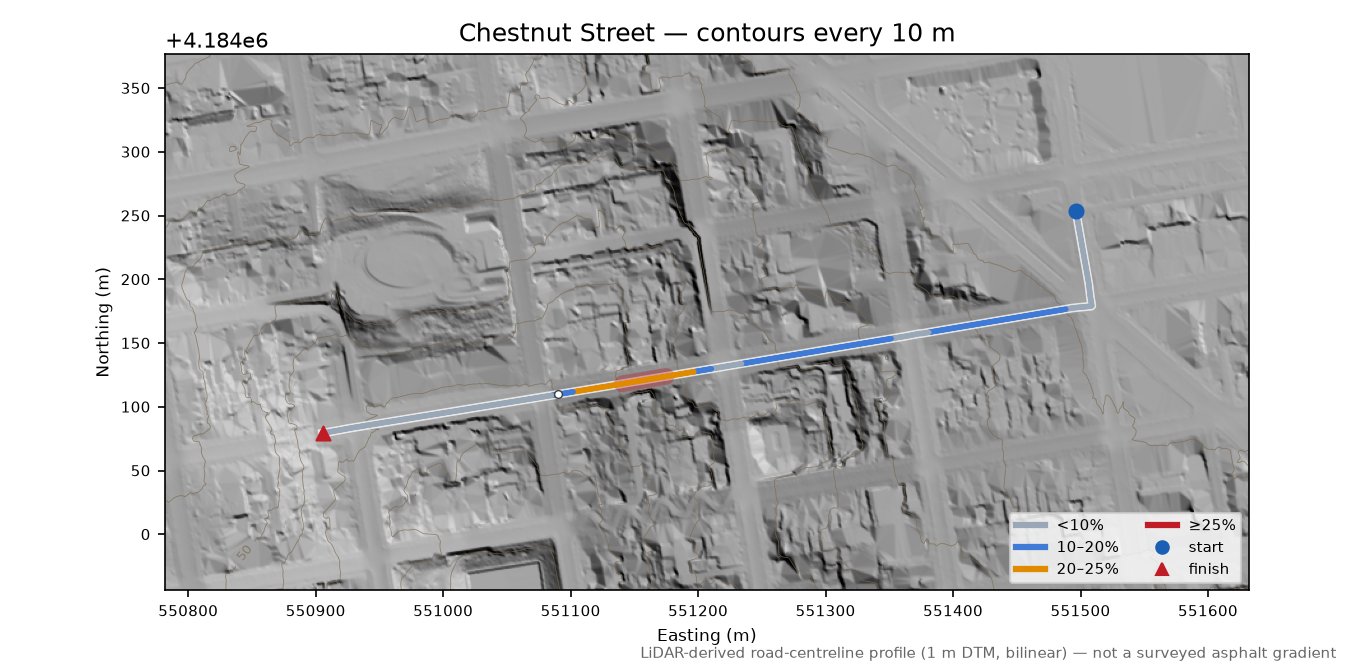 Chestnut Street LiDAR hillshade map with contours