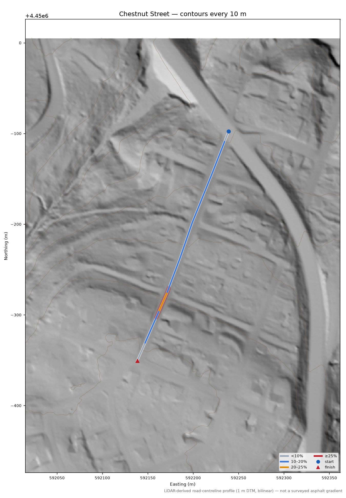 Chestnut Street LiDAR hillshade map with contours