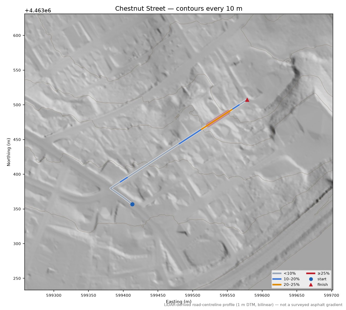 Chestnut Street LiDAR hillshade map with contours