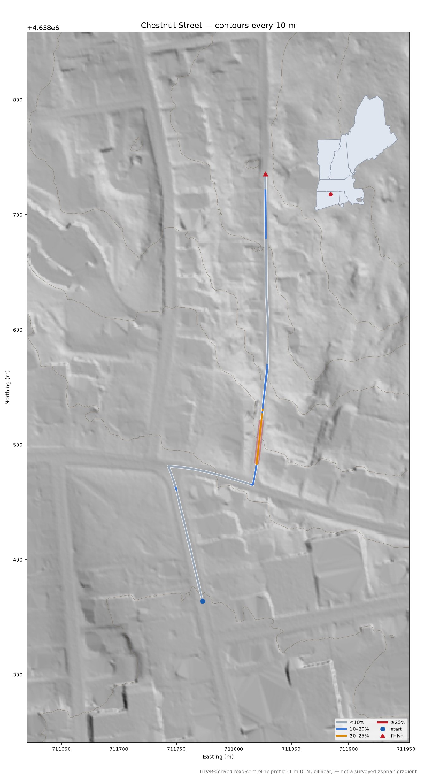 Chestnut Street LiDAR hillshade map with contours