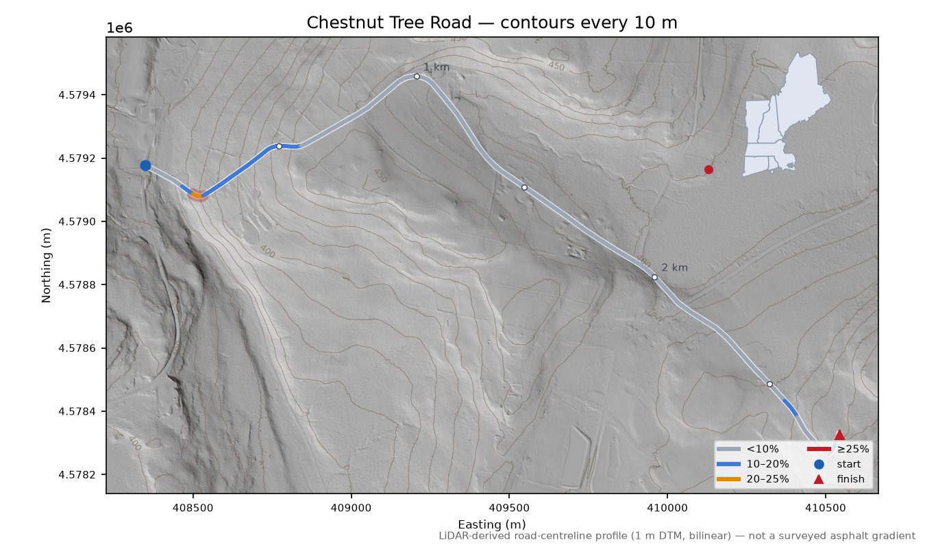 Chestnut Tree Road LiDAR hillshade map with contours