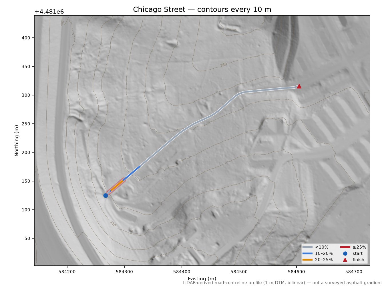 Chicago Street LiDAR hillshade map with contours
