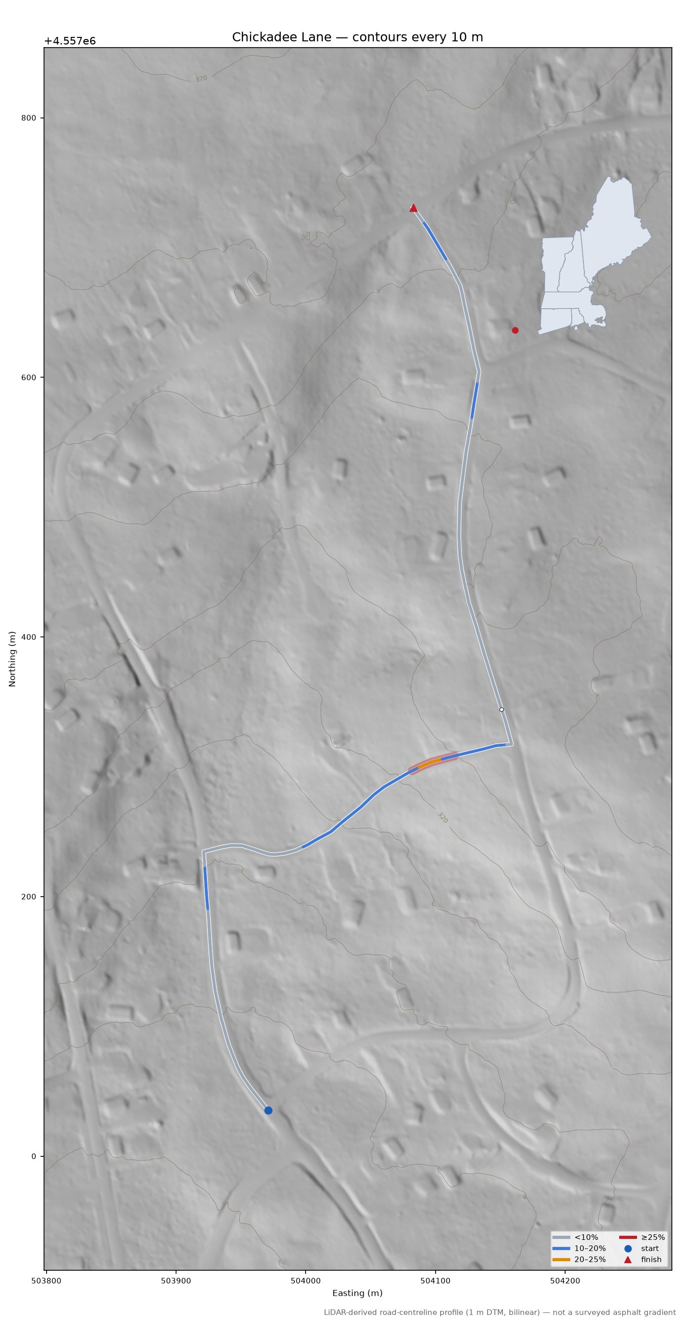 Chickadee Lane LiDAR hillshade map with contours