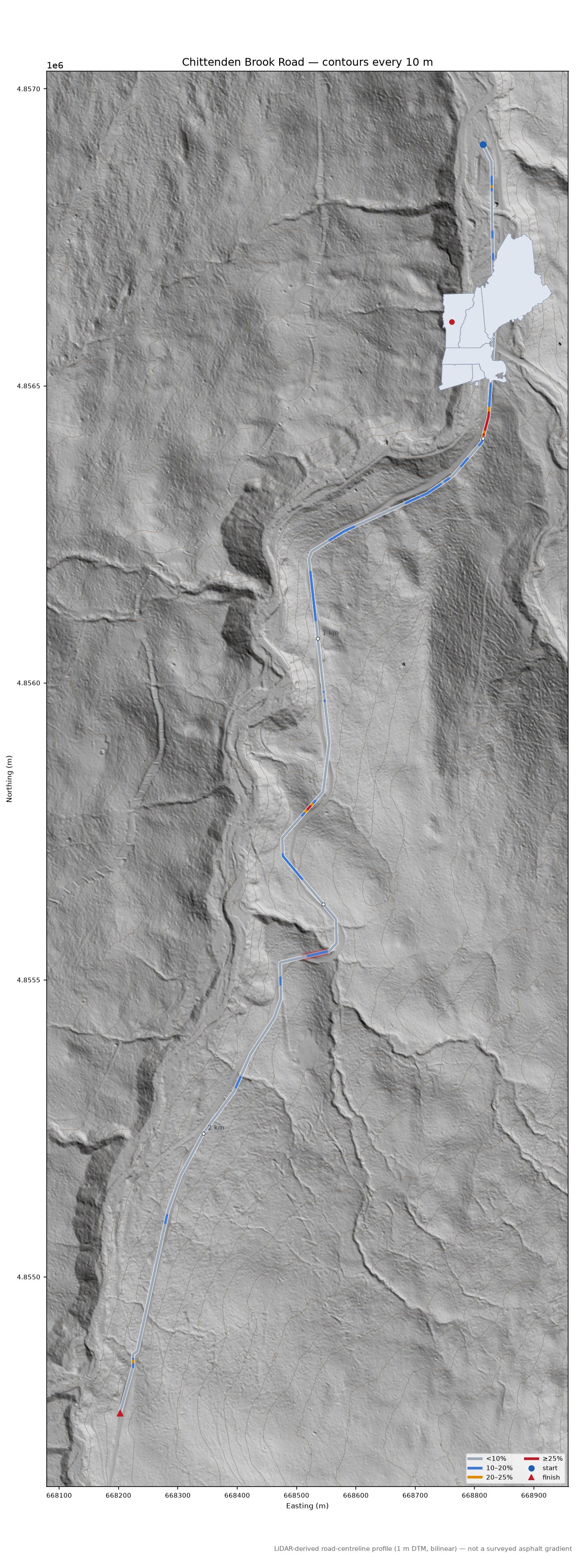Chittenden Brook Road LiDAR hillshade map with contours