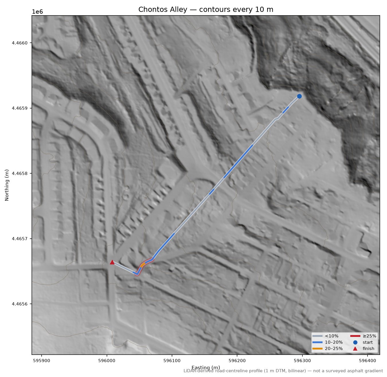 Chontos Alley LiDAR hillshade map with contours