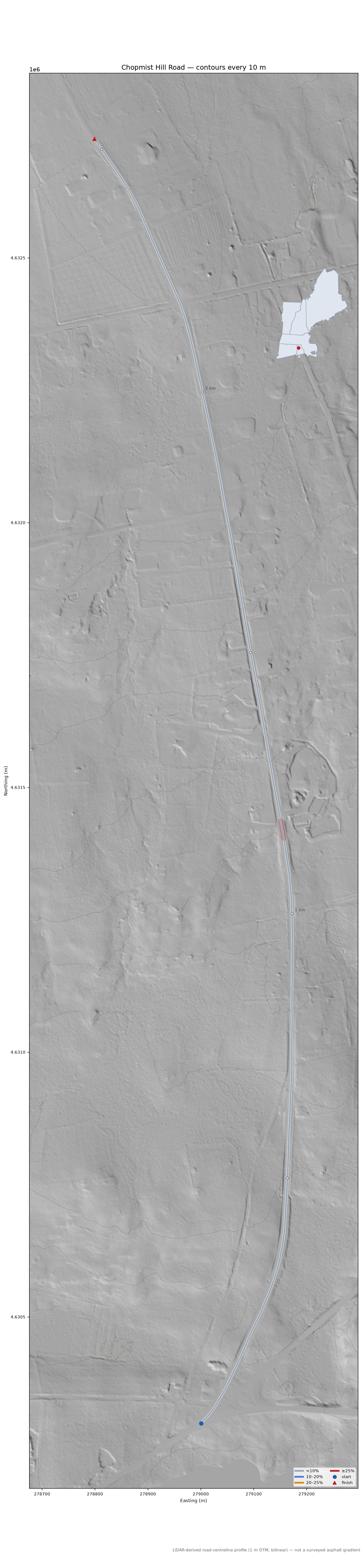 Chopmist Hill Road LiDAR hillshade map with contours