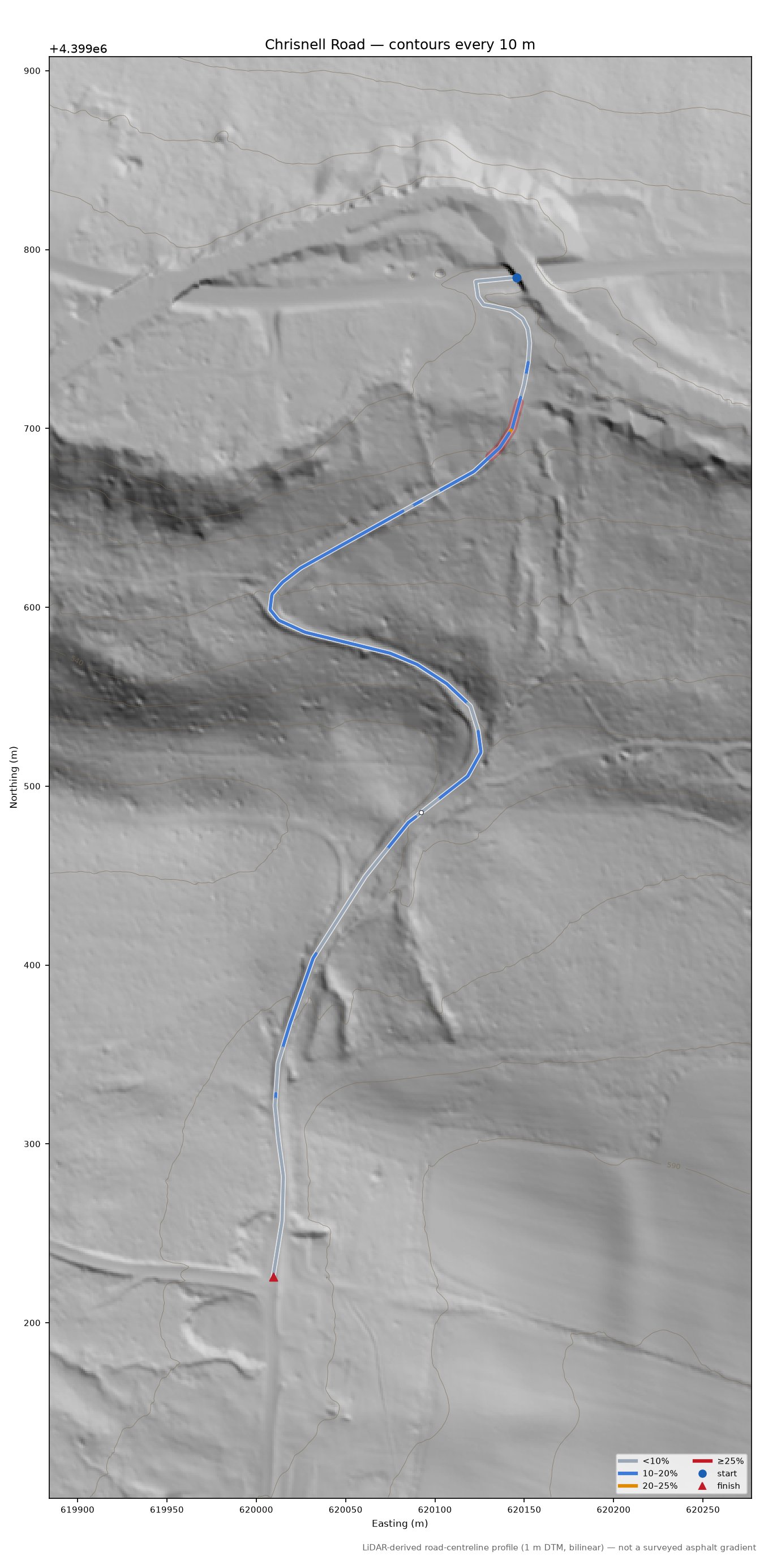Chrisnell Road LiDAR hillshade map with contours
