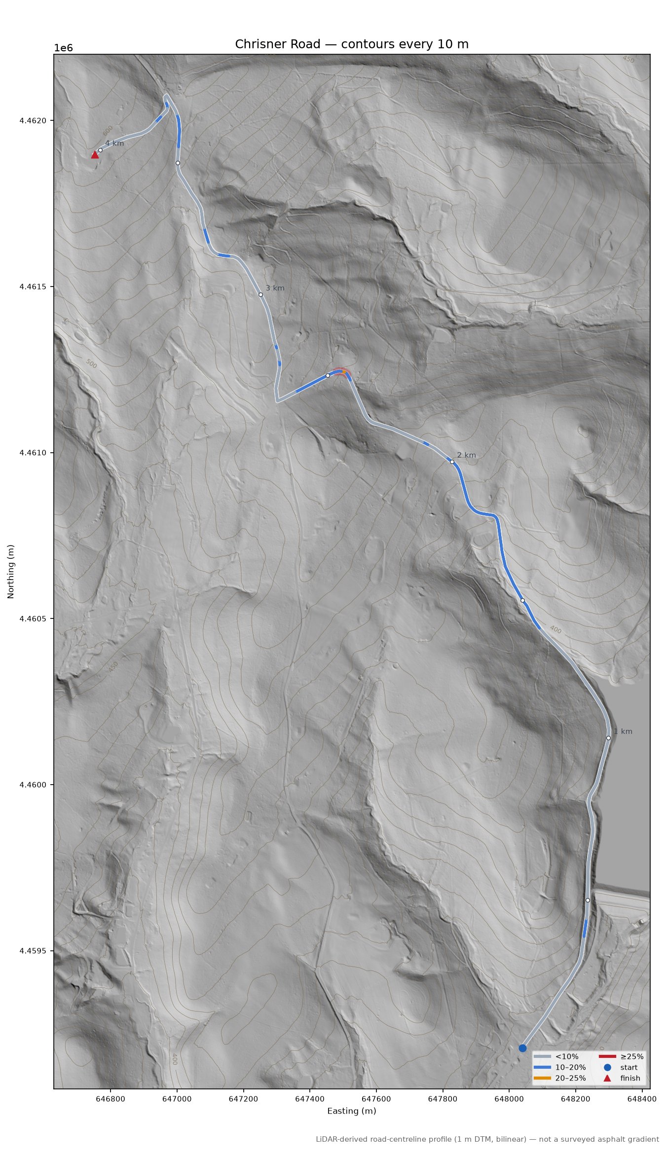 Chrisner Road LiDAR hillshade map with contours
