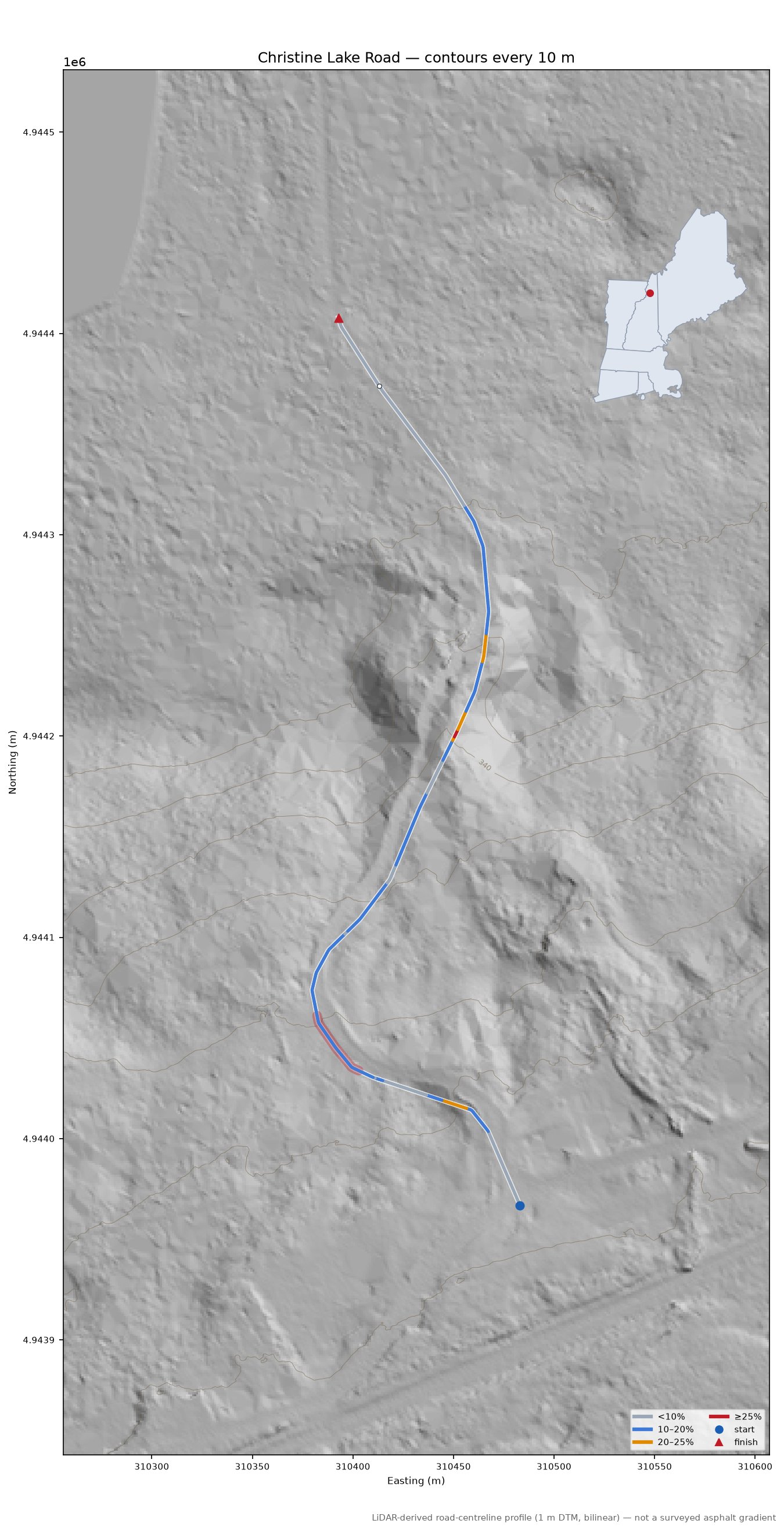 Christine Lake Road LiDAR hillshade map with contours