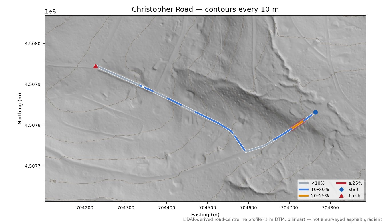 Christopher Road LiDAR hillshade map with contours