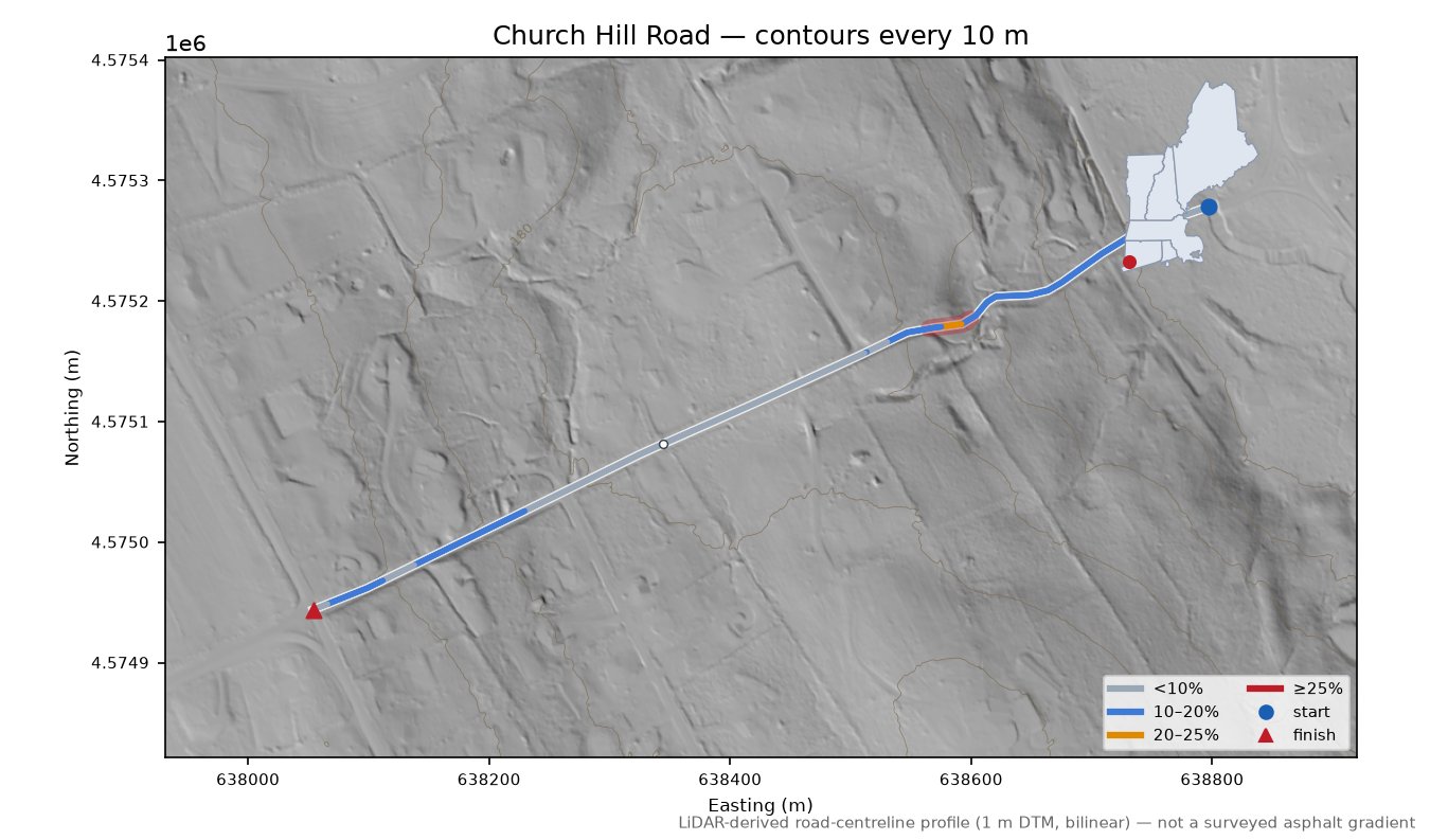 Church Hill Road LiDAR hillshade map with contours