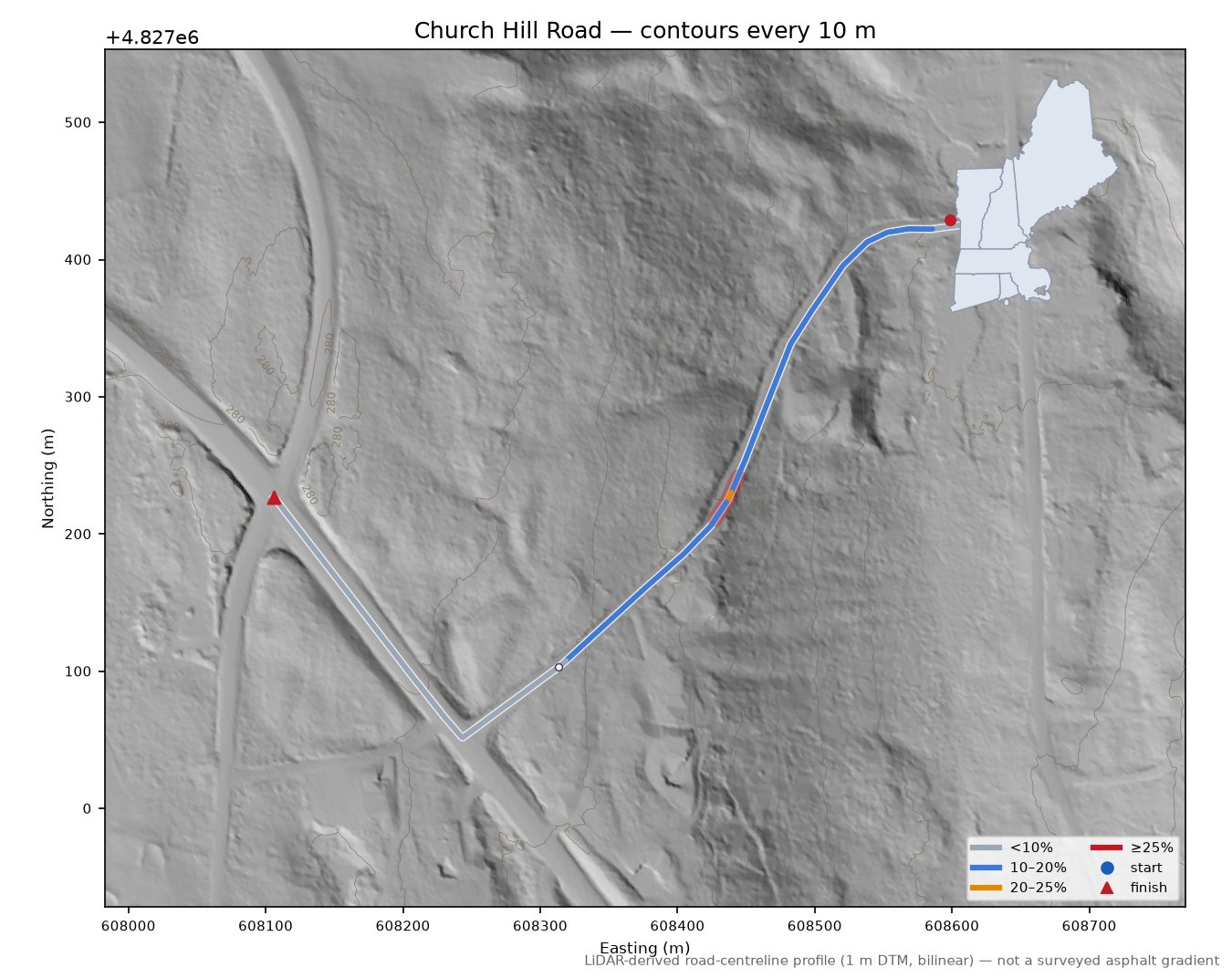 Church Hill Road LiDAR hillshade map with contours