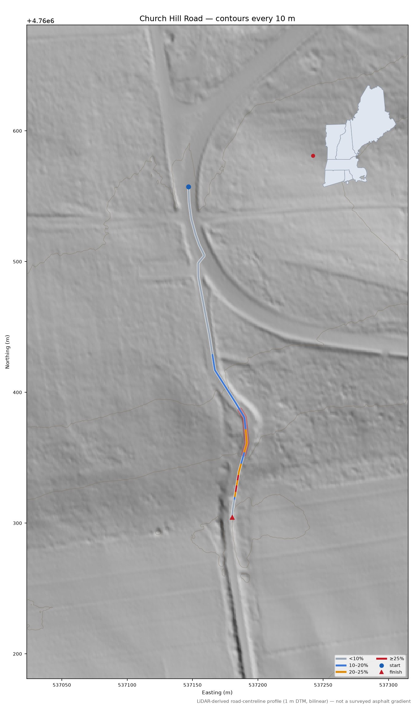 Church Hill Road LiDAR hillshade map with contours