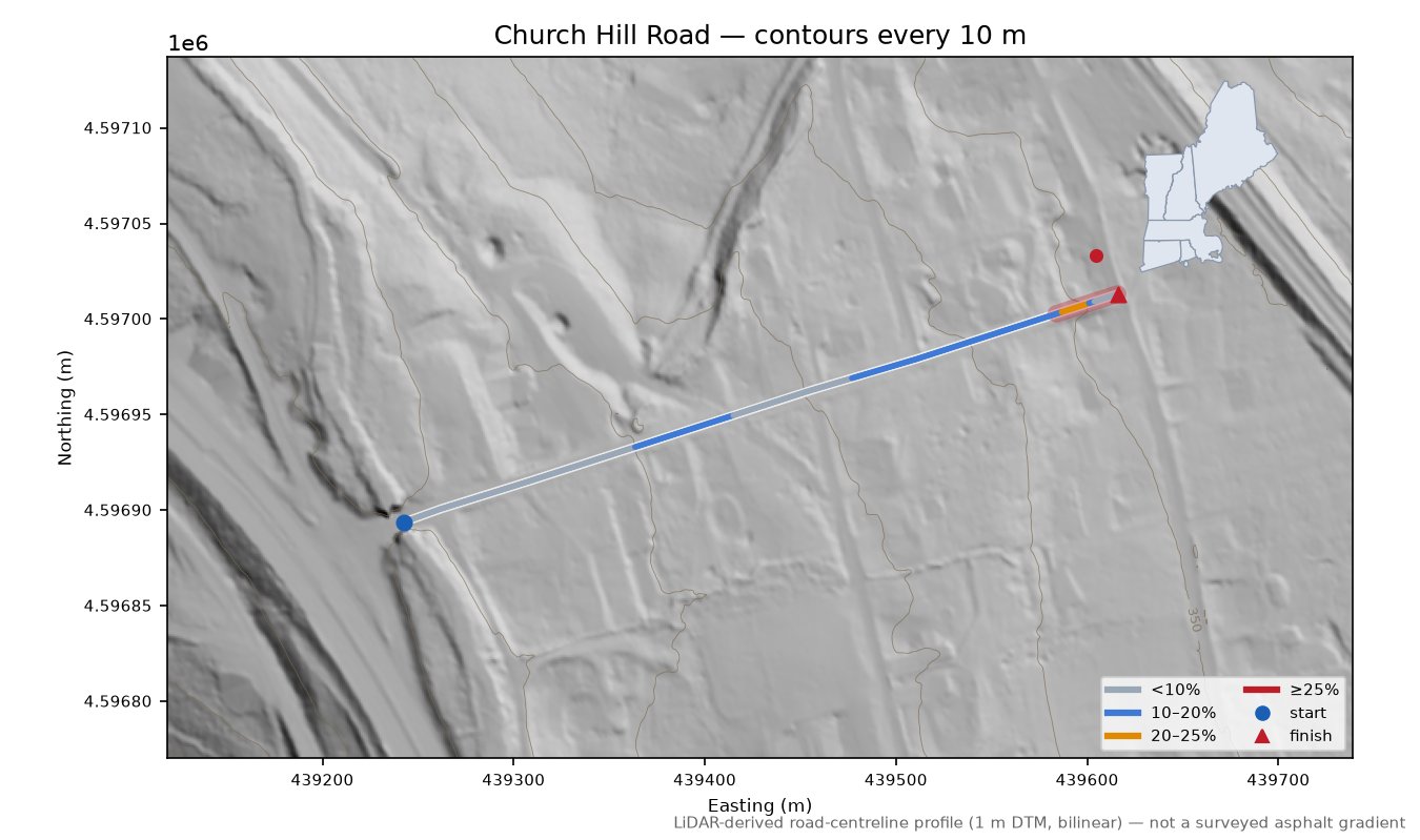 Church Hill Road LiDAR hillshade map with contours