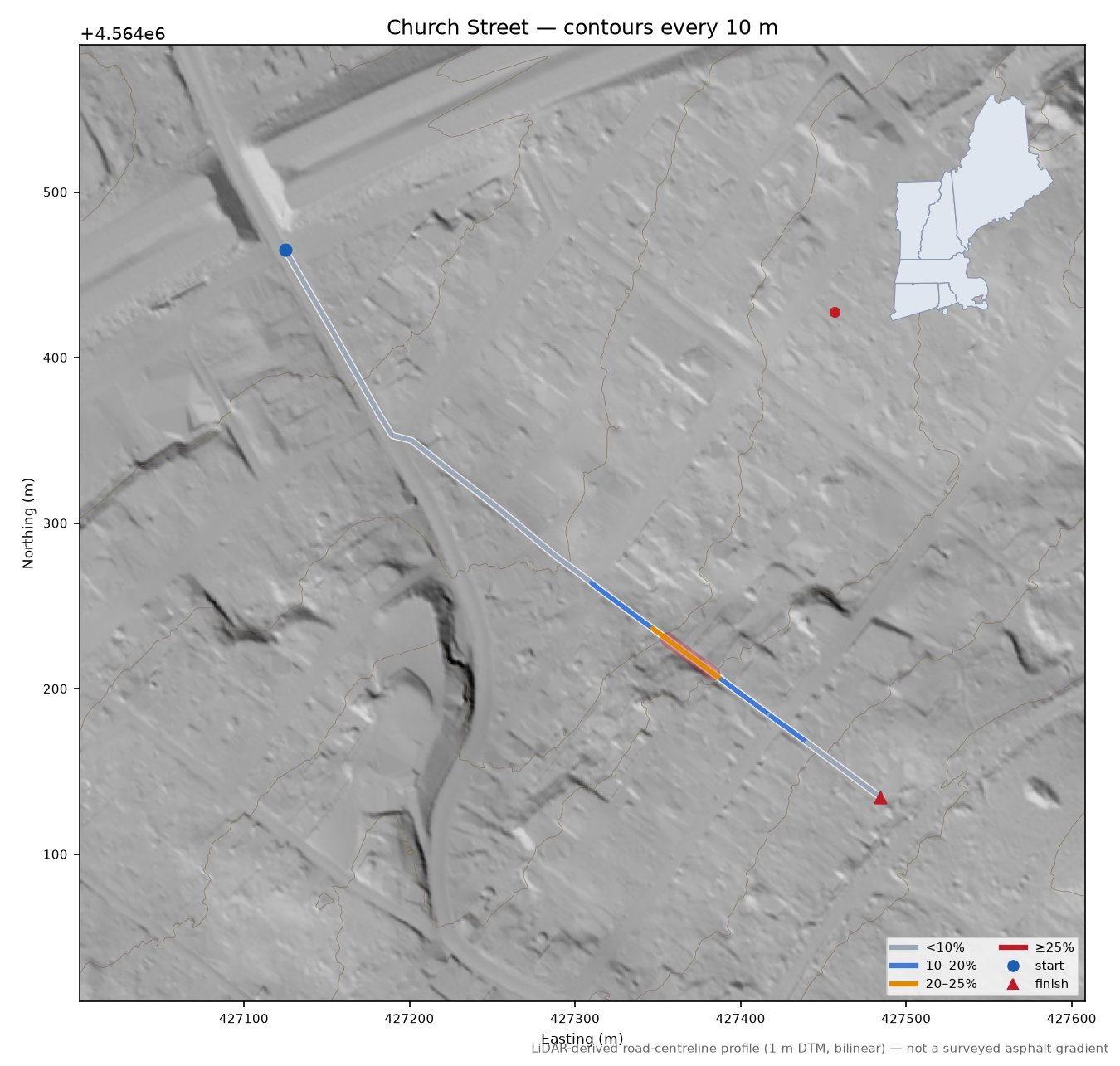 Church Street LiDAR hillshade map with contours
