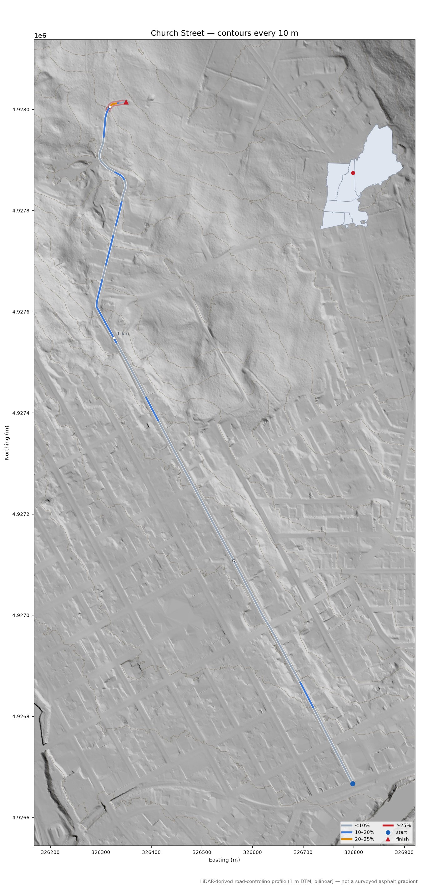 Church Street LiDAR hillshade map with contours