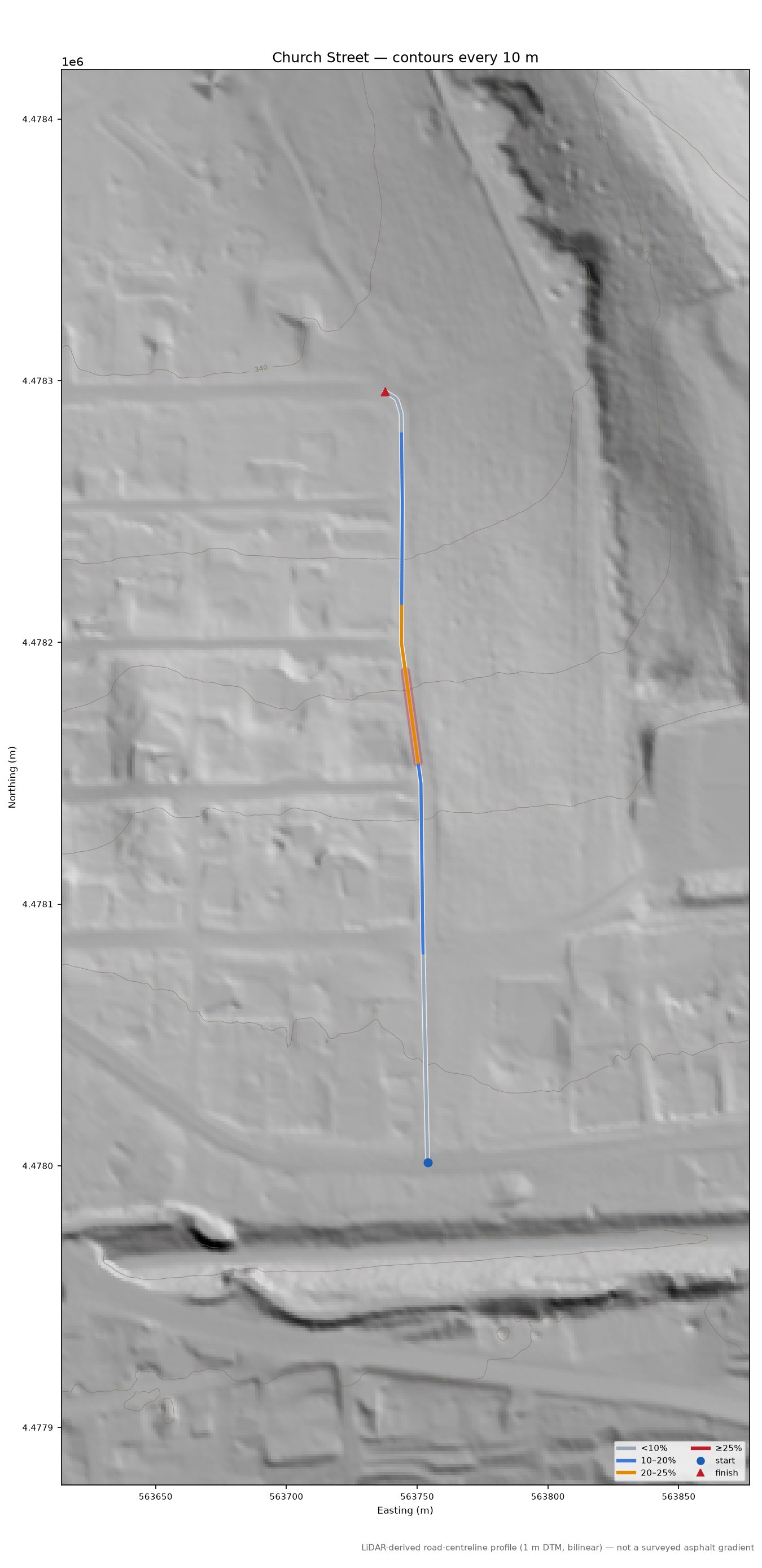 Church Street LiDAR hillshade map with contours