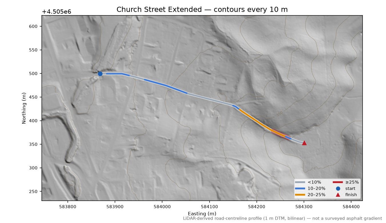 Church Street Extended LiDAR hillshade map with contours