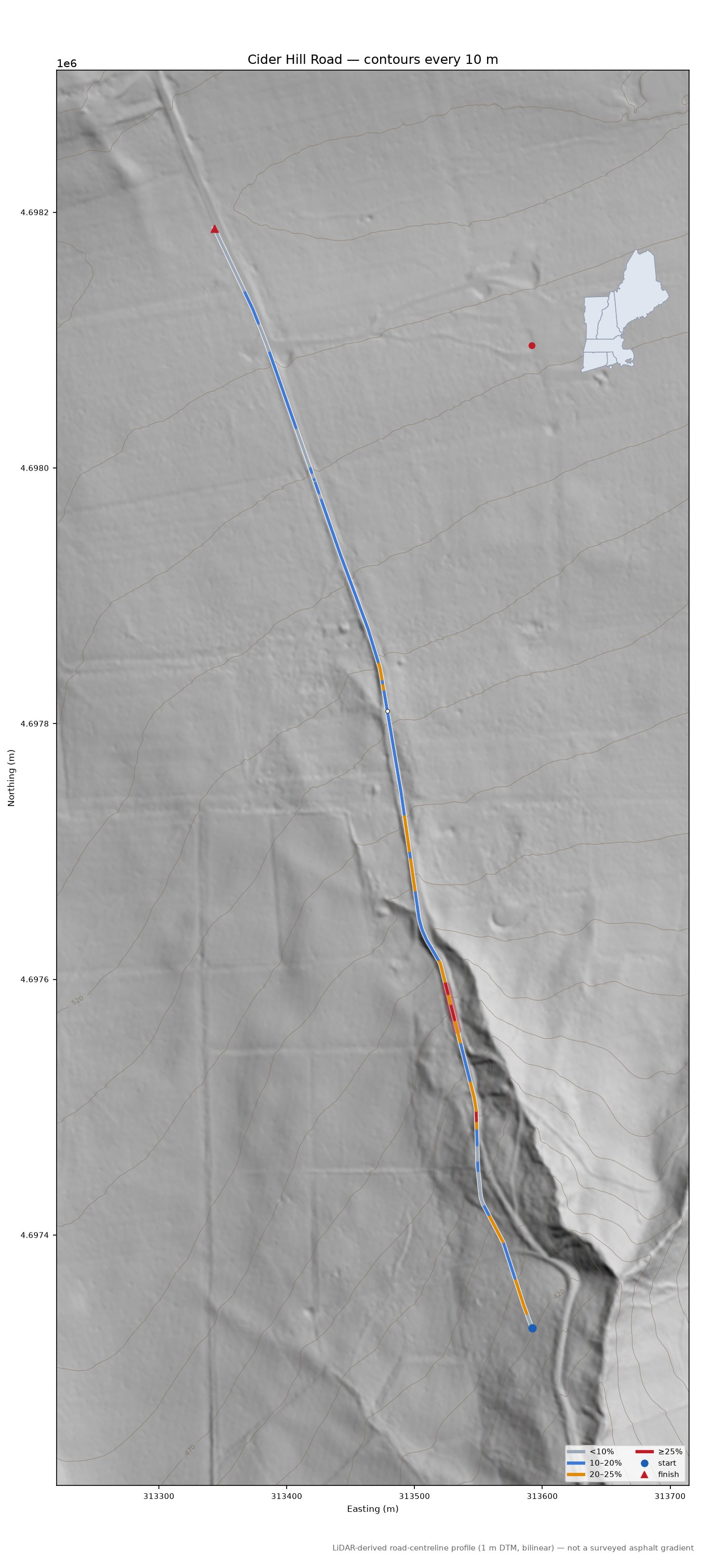 Cider Hill Road LiDAR hillshade map with contours