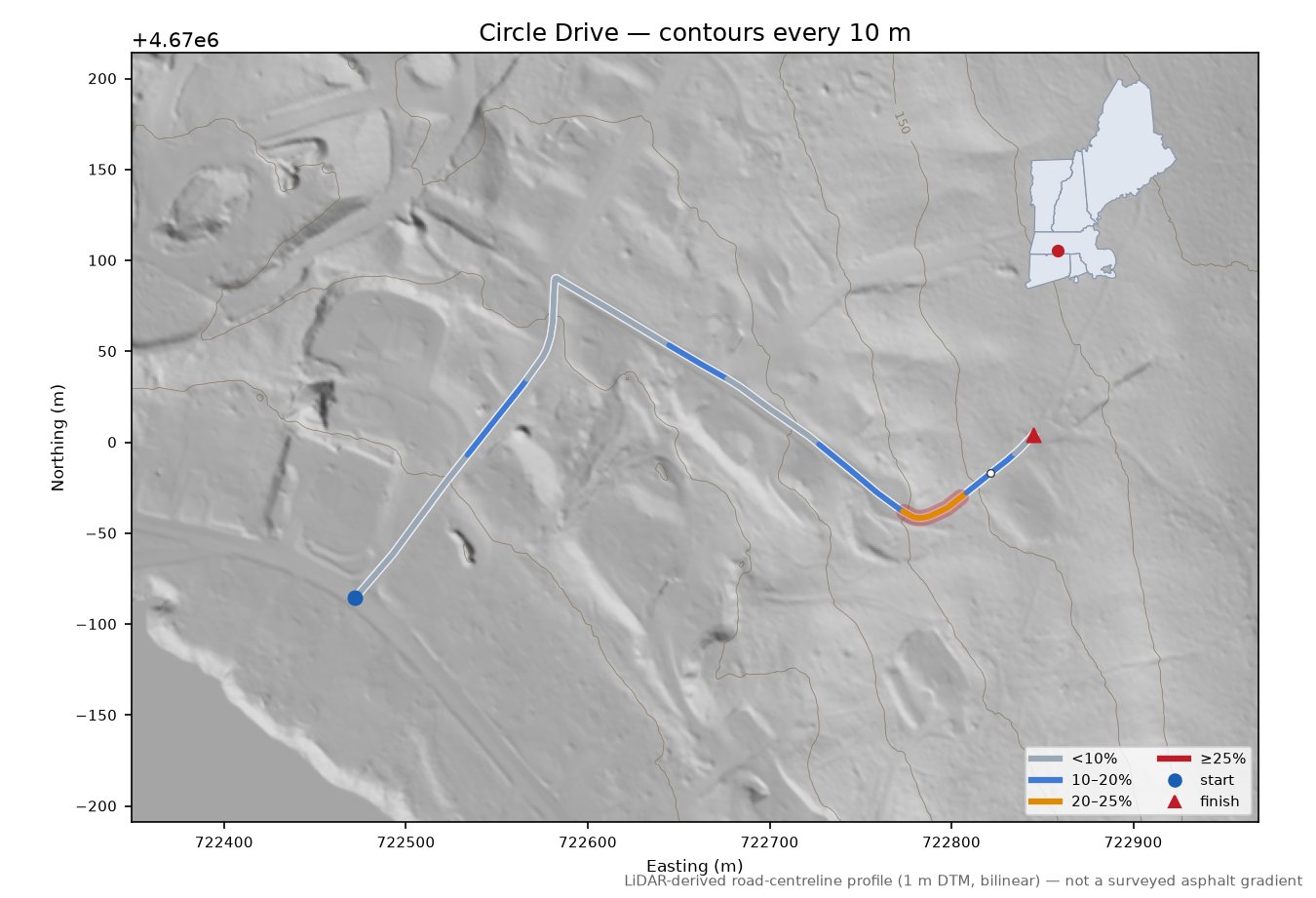 Circle Drive LiDAR hillshade map with contours