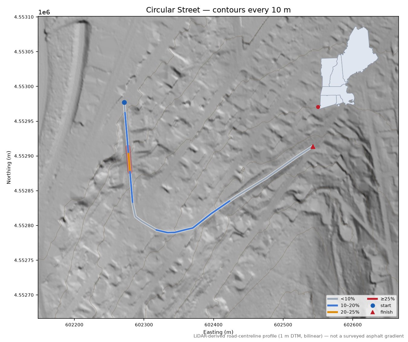 Circular Street LiDAR hillshade map with contours