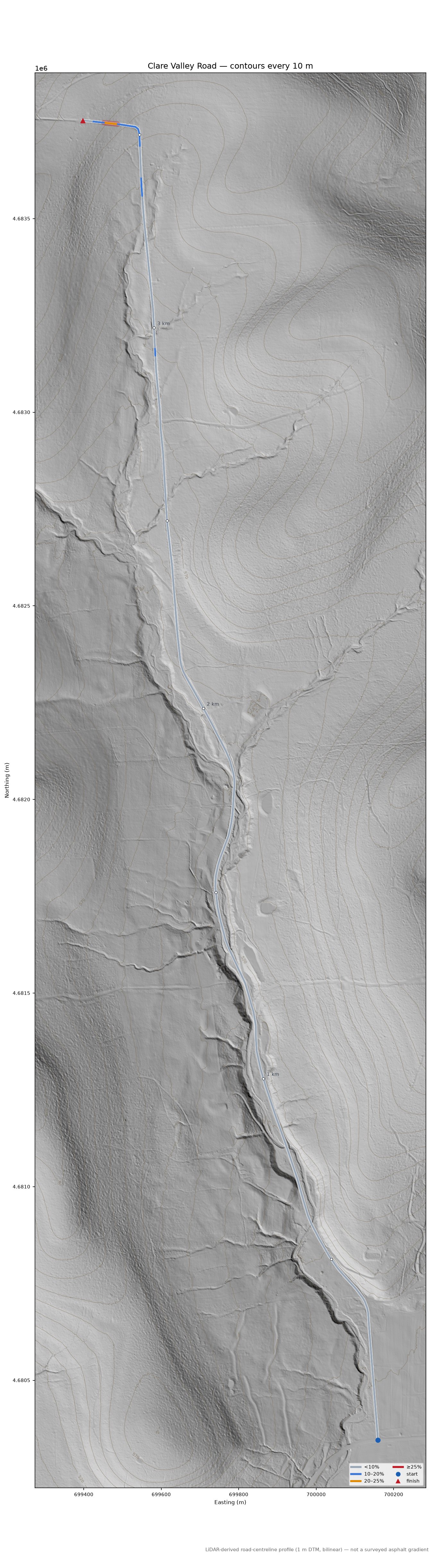 Clare Valley Road LiDAR hillshade map with contours