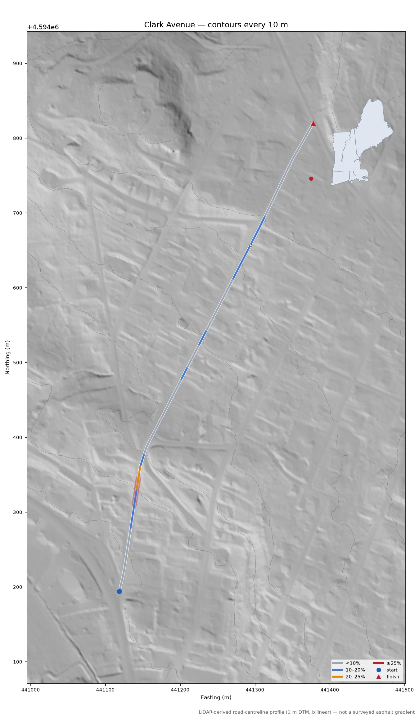 Clark Avenue LiDAR hillshade map with contours